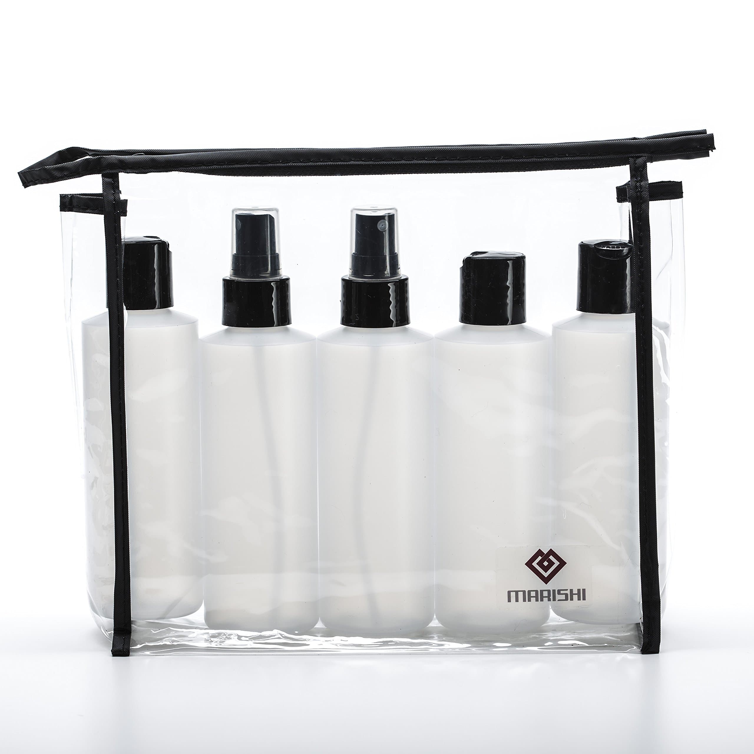 Marishi 6 Ounce Plastic Bottles with Caps and Pumps for Liquids. Set of 5 in Zippered Carry Bag. (3 Caps 2 Pumps)