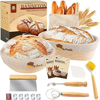 Banneton Bread Proofing Basket Set, Sourdough Starter Kit, 9" Round & 10" Oval Bannetons, Indonesian Rattan Sourdough Bread Baking Supplies, With Bread Making Tools Bread Lame Linen Liner