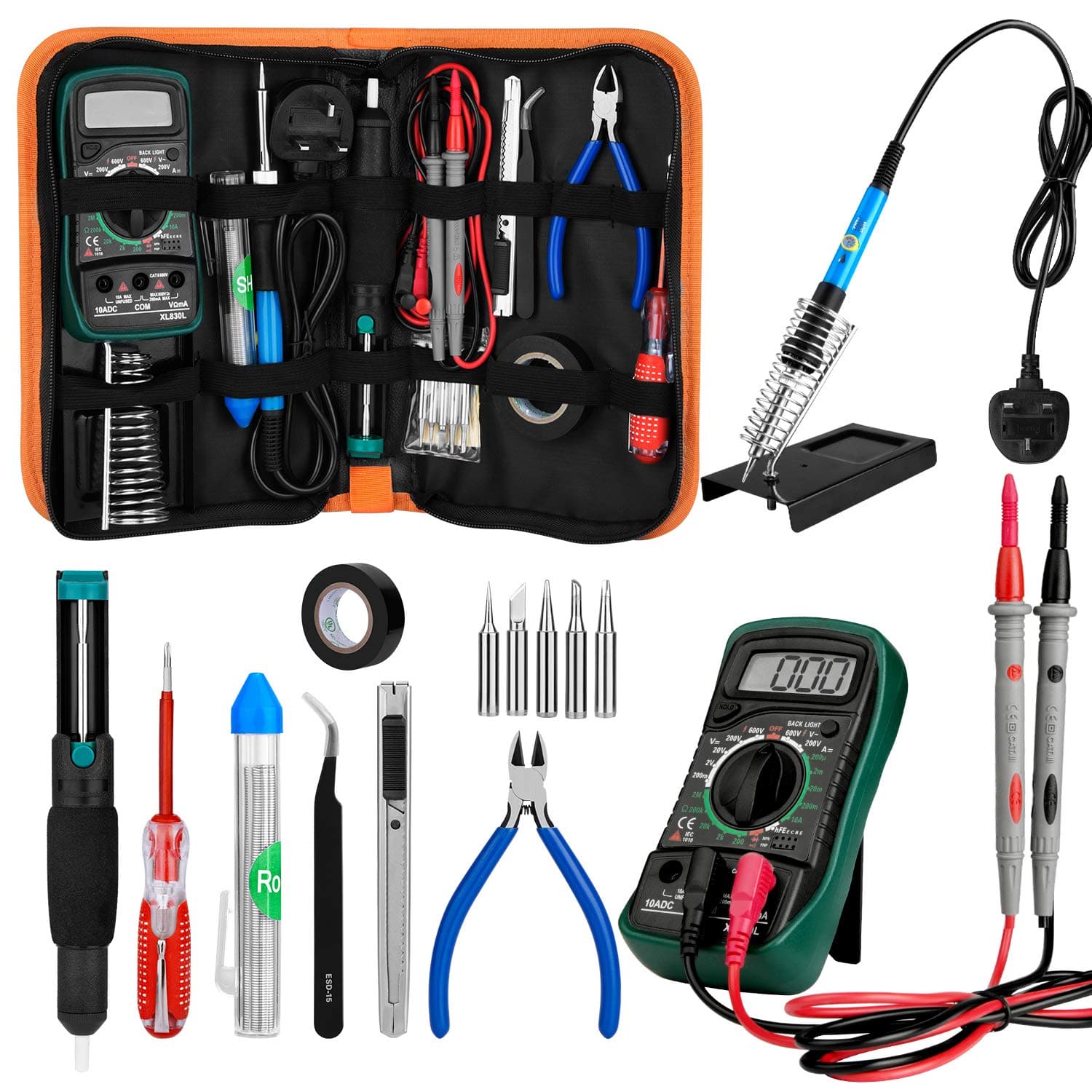 Soldering Iron with Multimeter,EletecPro 60W Adjustable Temperature Soldering-Iron Gun Kit with Desoldering Pump, Soldering Station, Tweezers, Wire Stripper Cutter, CE Listed ¡­