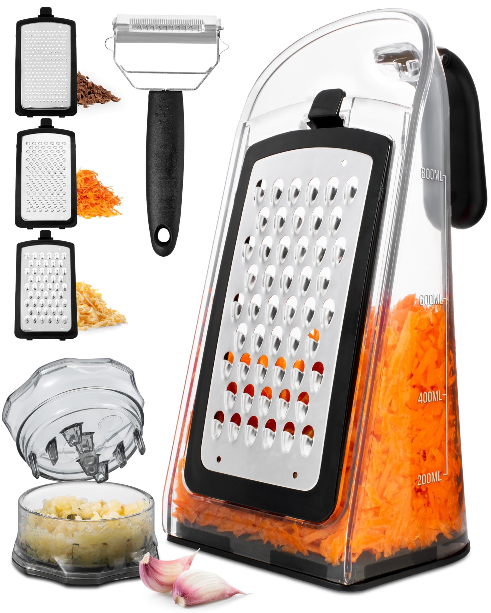 Joined Cheese Grater with Garlic Crusher - Box Grater Cheese Shredder - Cheese Grater with Handle - Graters for Kitchen Stainless Steel Food Grater - Garlic Mincer Tool and Vegetable Peeler