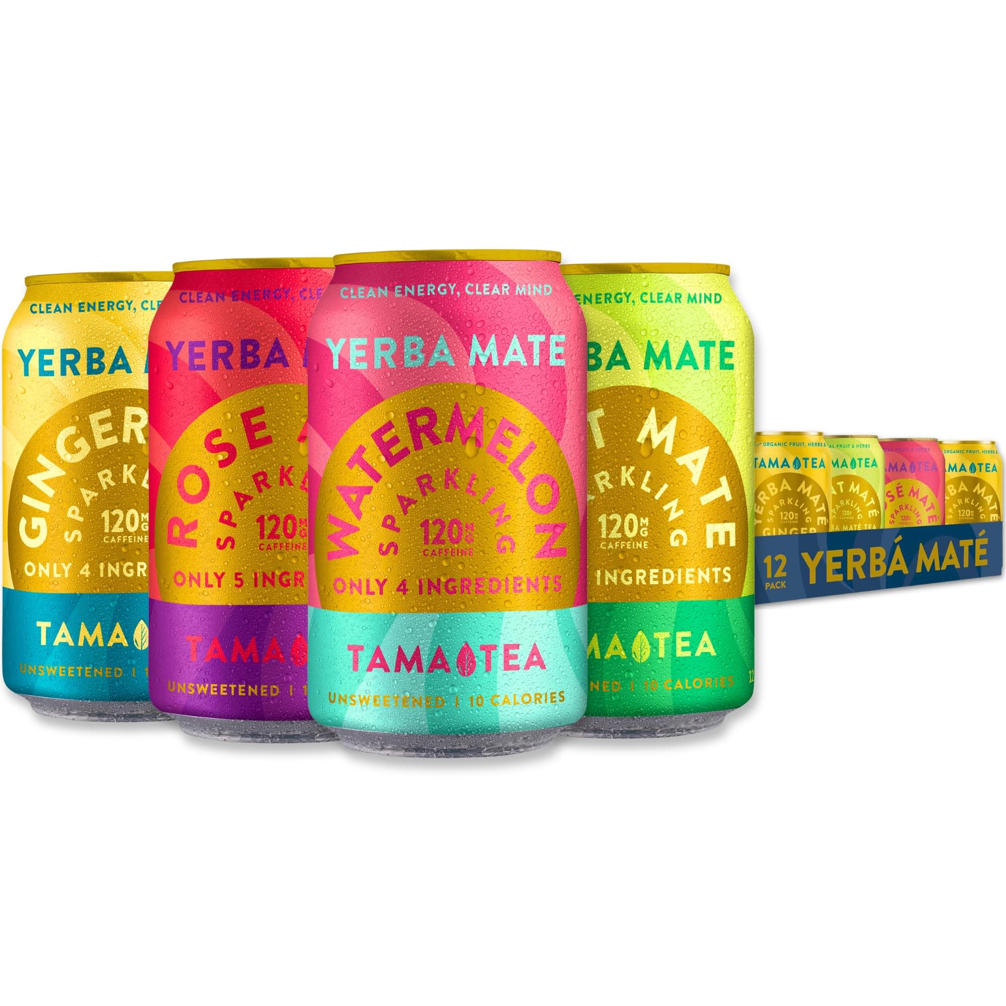 Sparkling Yerba Mate Variety Pack by Tama Tea - Unsweetened Natural Energy Drink with Real Fruit & Herbs - Healthy Caffeine Drink Alternative - 120mg of Caffeine, 10 Calories - 12oz Pack of 12