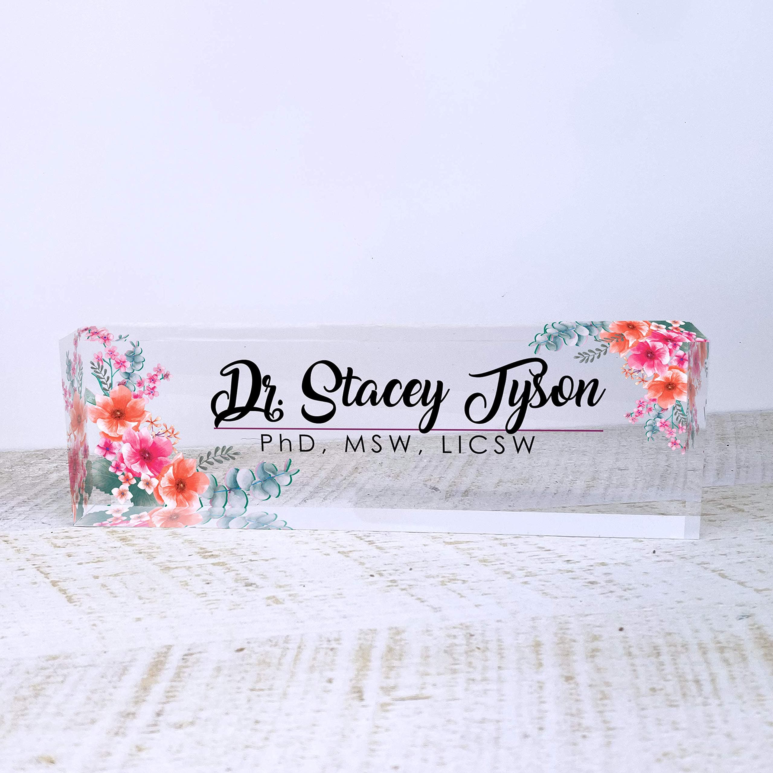 Artblox Office Desk Name Plate Personalized | Custom Name Plates for Desks | Flowers Wild Design On Clear Acrylic Glass | Office Desk Decor - (8" x 2.5")