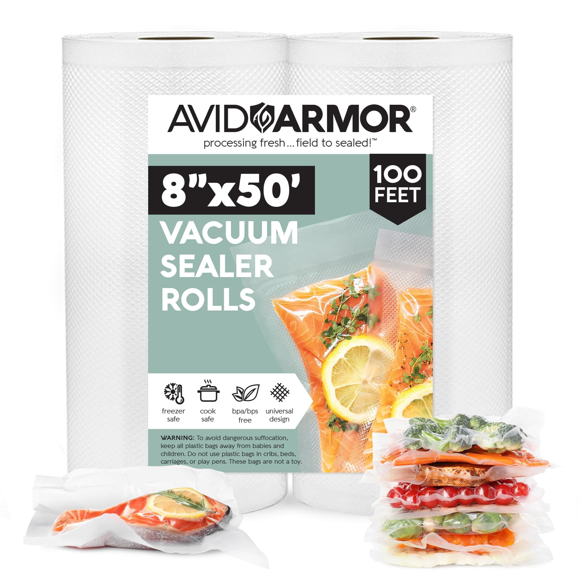 Avid Armor Vacuum Seal Rolls, 8" x 50' Clear BPA-Free Food Storage Bags, Works with All Vacuum Sealers, 2 Rolls Pack