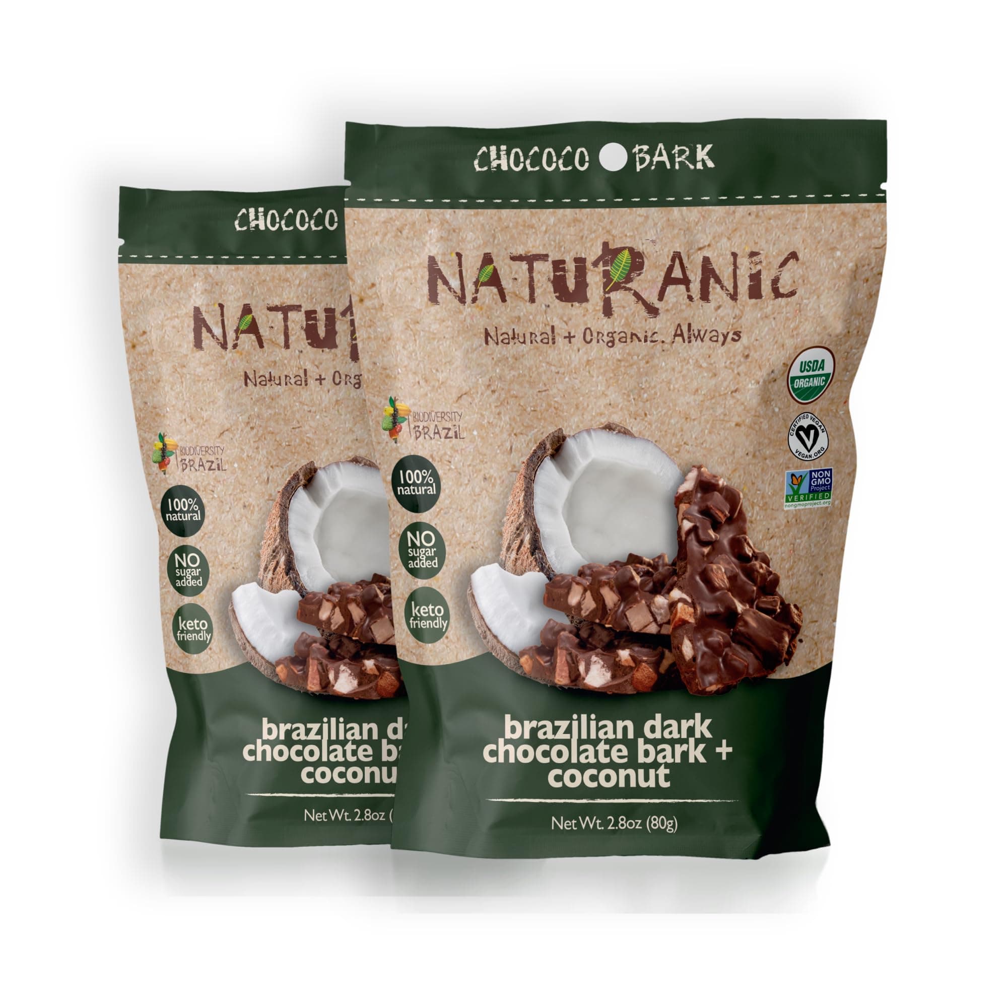 Naturanic Brazilian Dark Chocolate with Crunchy Coconut Chunks - Sugar Free, Keto Friendly, Vegan, All Natural, Organic, Non GMO, Gluten Free - Pack of 2