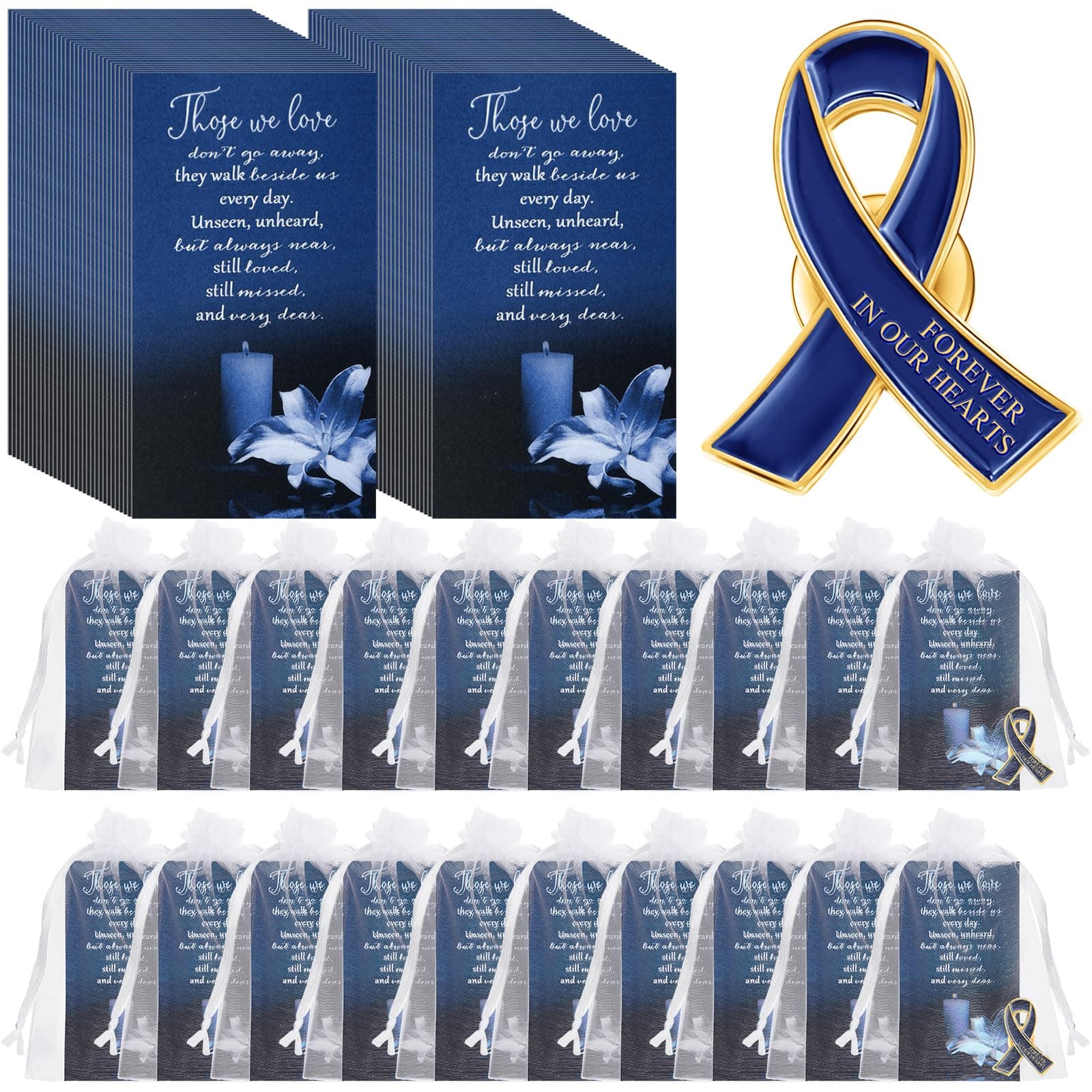 Unittype60 Set Funeral Ribbon Pins Ribbon Awareness Lapel Pin Remembrance Ribbon Brooch with Prayer Cards Organza Bags