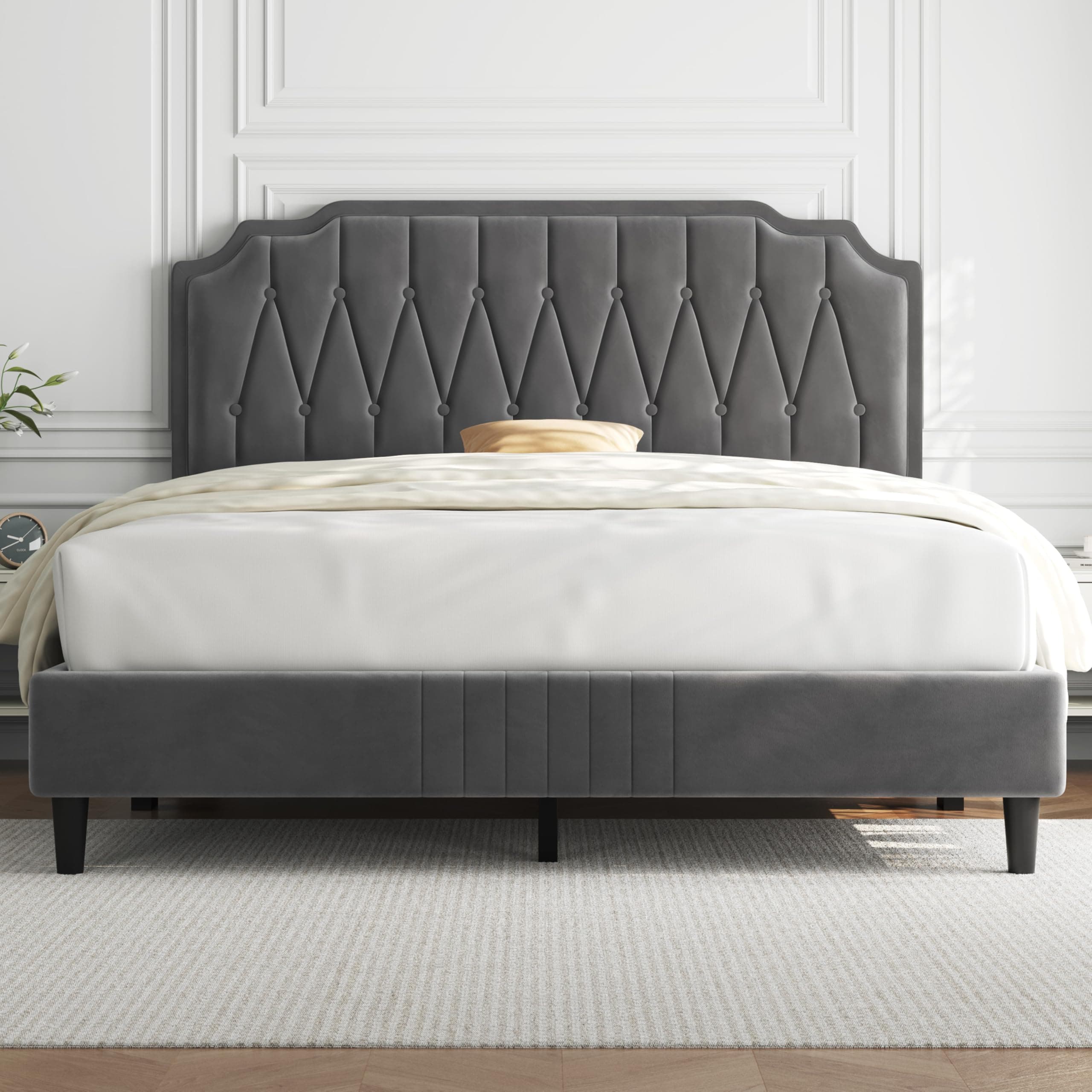 Yaheetech Queen Bed Frame Velvet Upholstered Platform Bed with Curved Headboard, Height-Adjustable Headboard/Noise-Free/Wooden Slats Support/No Box Spring Needed/Easy Assembly, Dark Gray Queen Bed