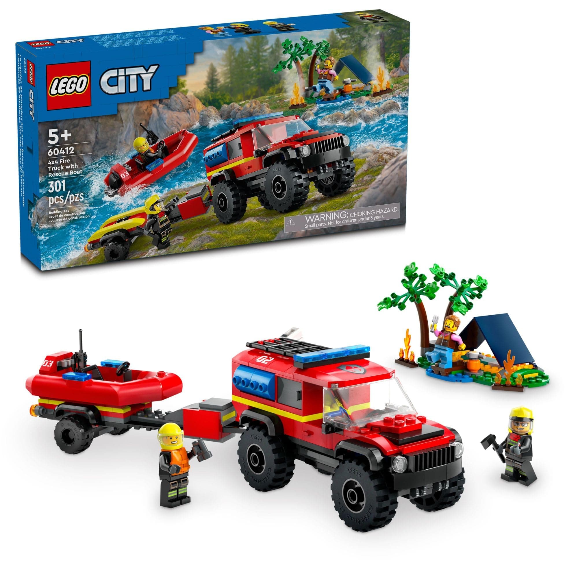 - City 4x4 Fire Truck with Rescue Boat - Building Toy for Boys & Girls, Ages 5+ - Gift for Birthdays - Truck Toy W/ 3 Minifigures - 60412