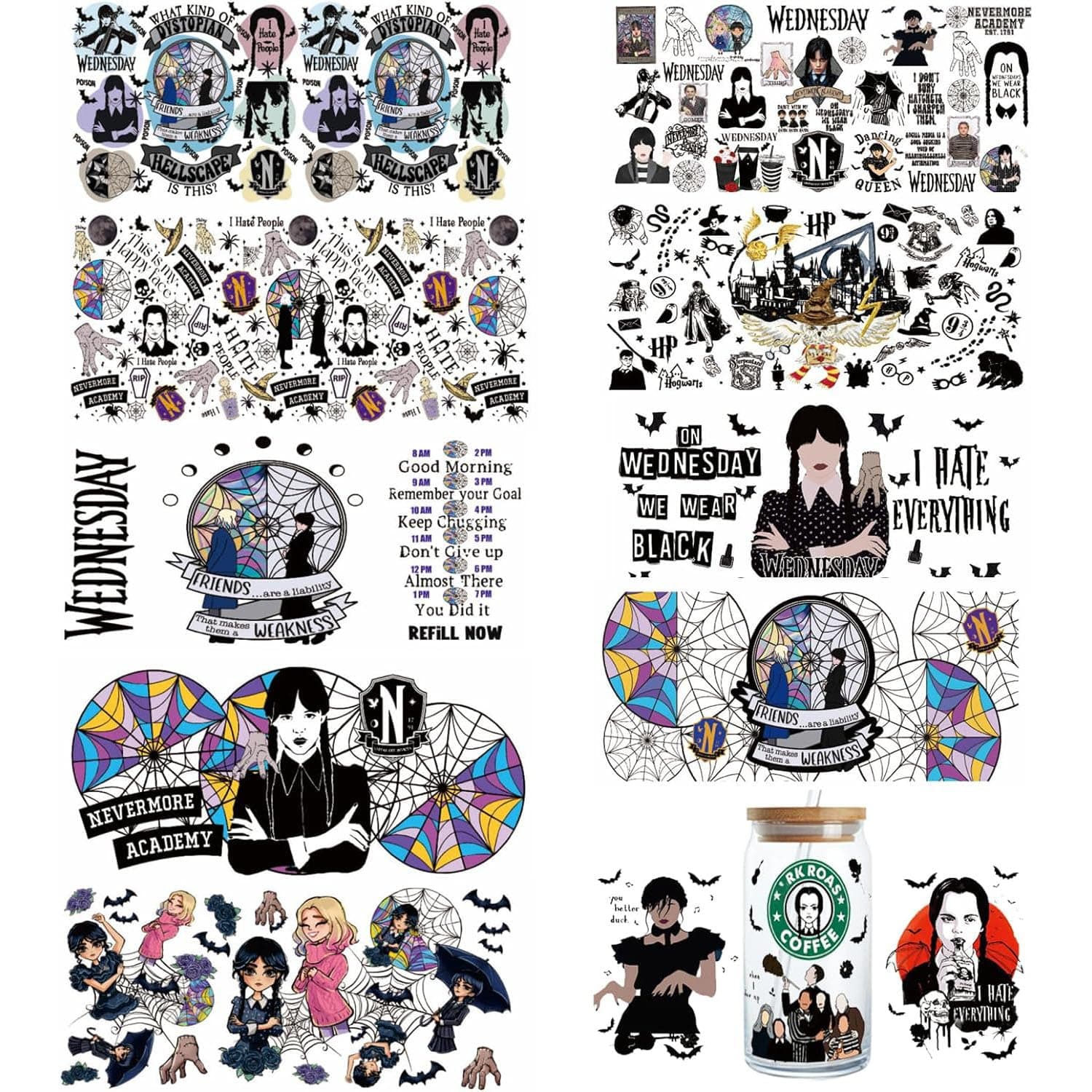 UV DTF Cup Wrap Transfer Stickers, 10 Sheet Wednesday Adams Rub on Transfers for Crafting, UV DTF Transfer Waterproof Sticker Rub on Transfers for Furniture Craft Wood Glass Cups DIY Crafts (Wednesday