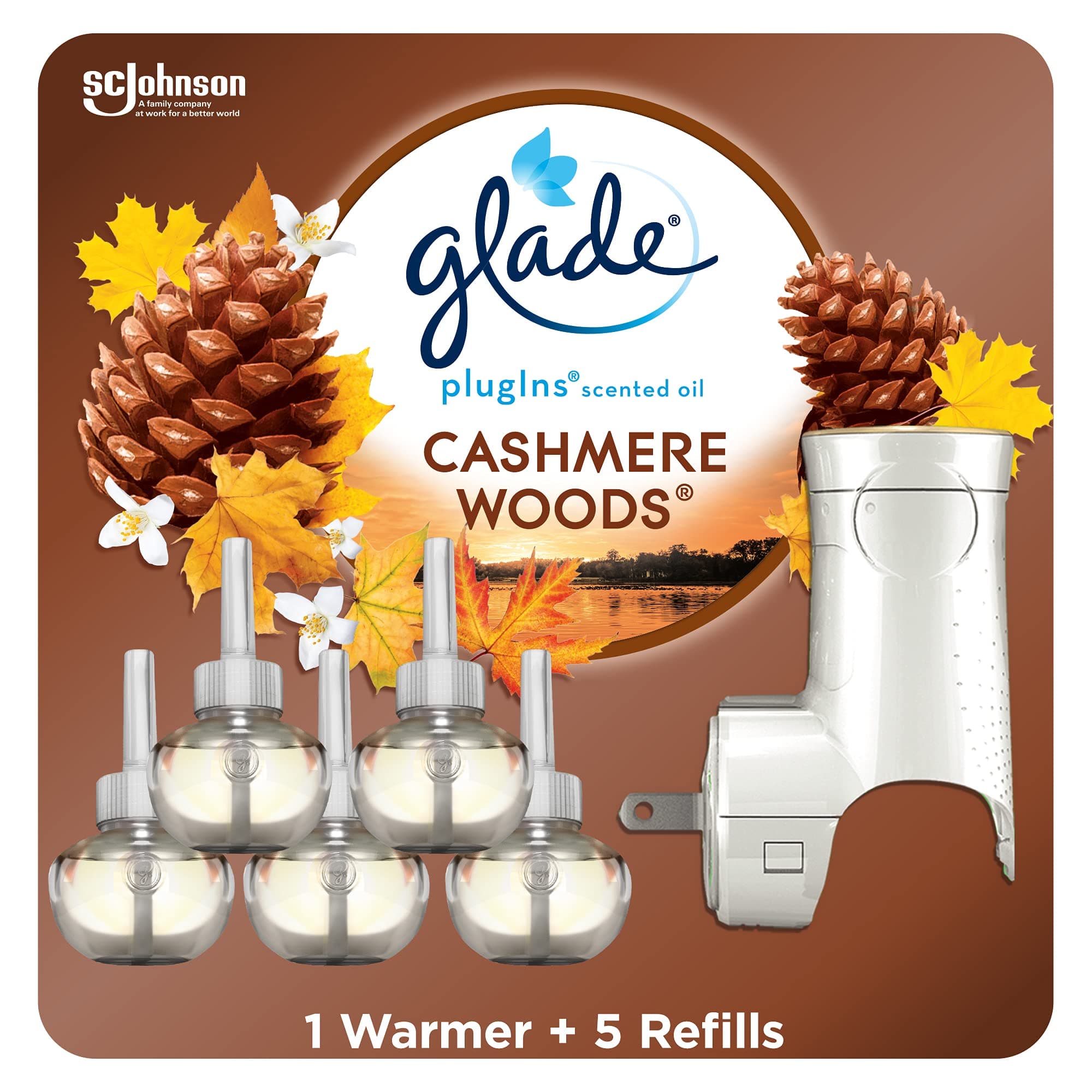 PlugIns Refills Air Freshener Starter Kit, Scented and Essential Oils for Home and Bathroom, Cashmere Woods, 3.35 Fl Oz, 1 Warmer + 5 Refills