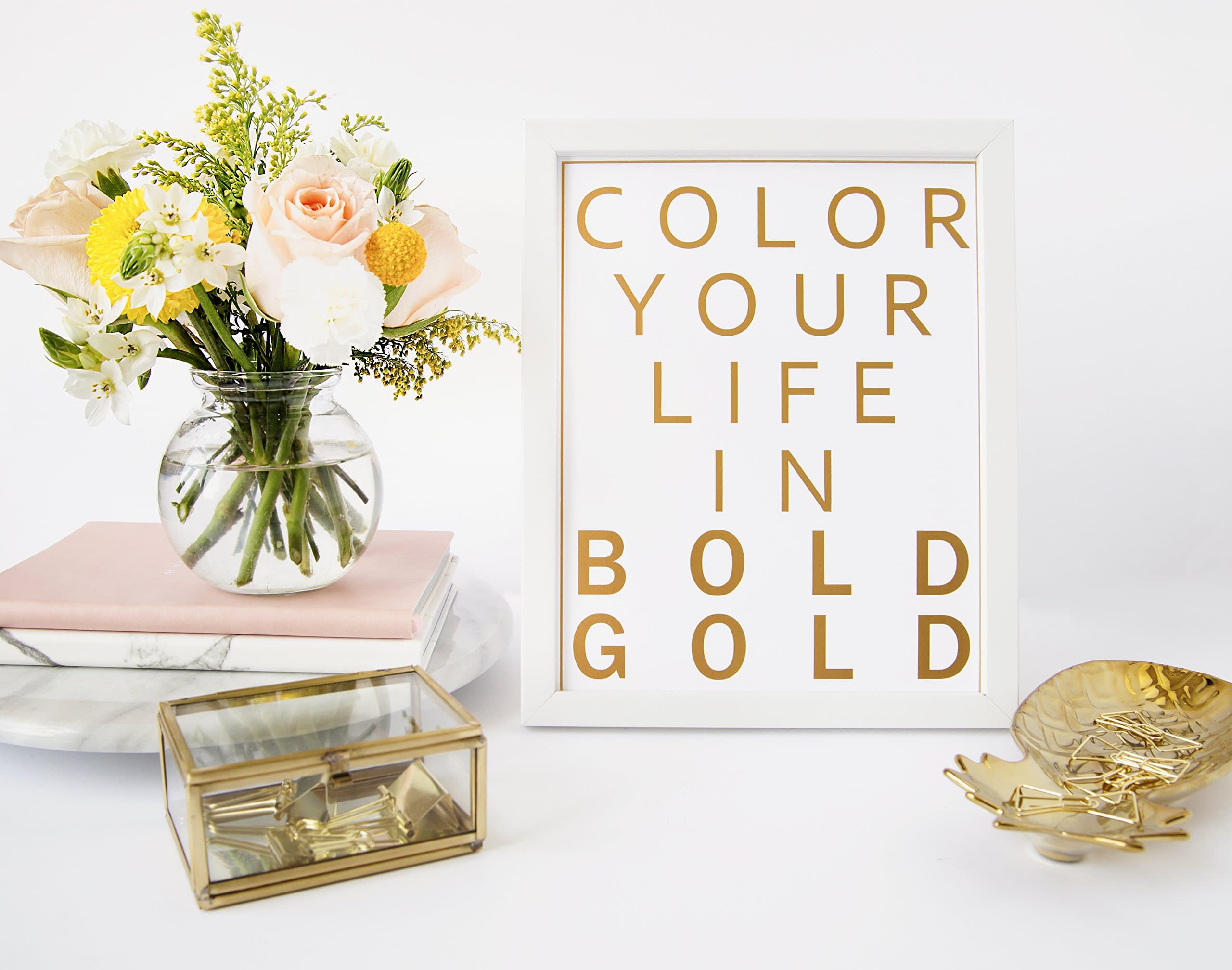 Framed Wall Art Embossed Gold Foil Poster Color Your Life in Bold Gold White and Gold Wall Decor and Inspirational Poster Art for Office Wall Hangings,Desk Decor & Girls Wall Art