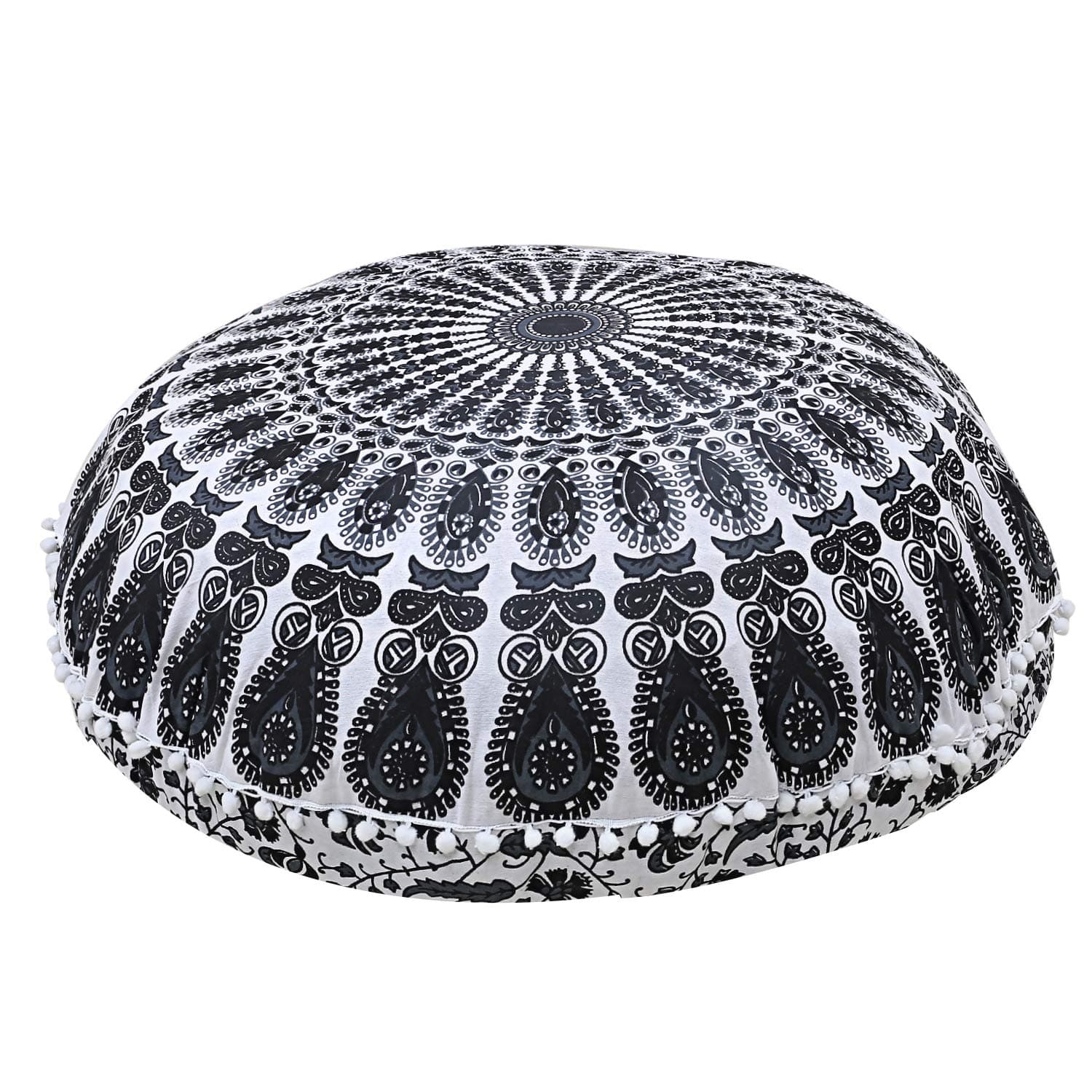 Mandala Floor Pillow Cushion Seating Throw Cover Hippie Decorative Bohemian Ottoman Poufs, Pom Pom Pillow Cases,Boho Indian (32 Inches, Black and White)