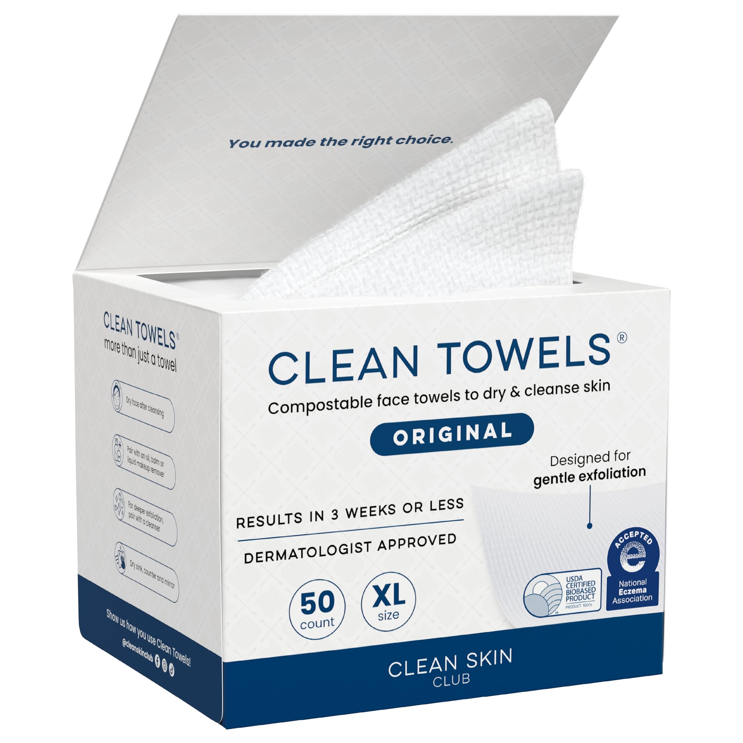 Clean Towels XL®, 100% USDA Biobased Face Towel, Disposable Face Towelette, Eczema Association Accepted, Makeup Remover Dry Wipes, Ultra Soft, 1 Pack, 50 Ct
