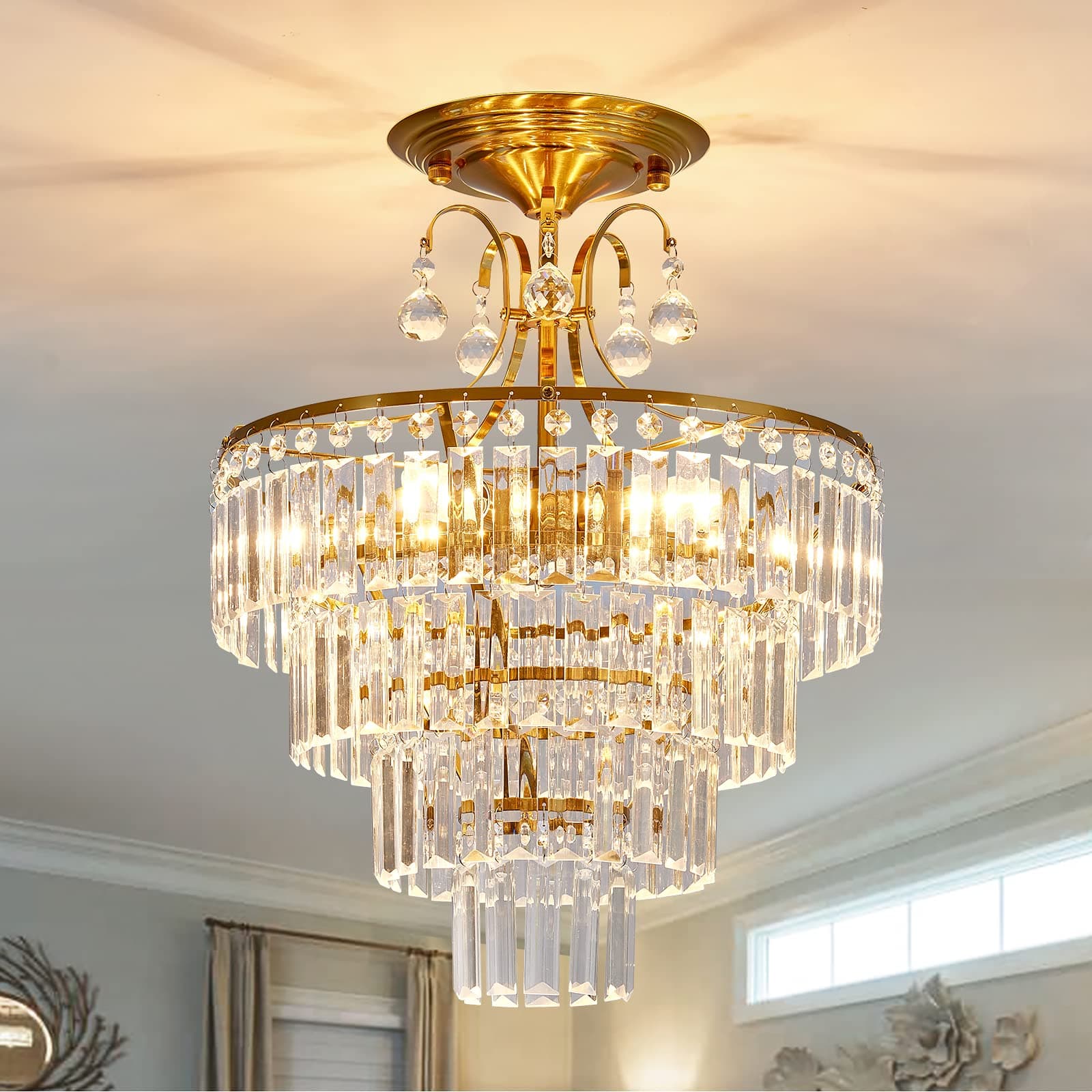 5 -Lights Crystal Gold Chandelier Fixture Modern Semi Flush Mount Ceiling Light with E12 Ceiling Lighting for Bedroom Living Room Kitchen Hallway Dining Room,D15.35 x H20.07