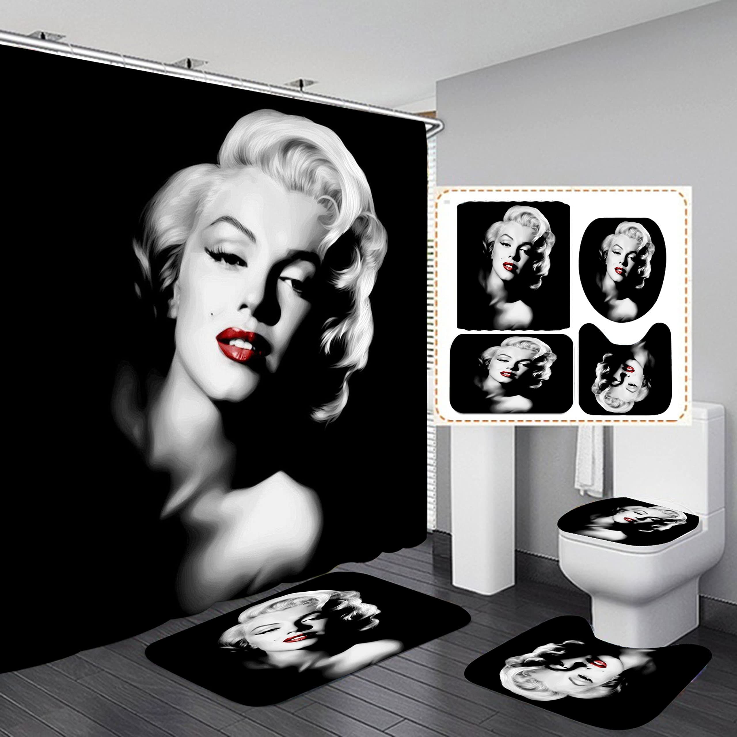 Marilyn Monroe Bathroom 4 Pieces Set Shower Curtain, Toilet Lid Cover and Bath Mat, Non-Slip Rugs, Durable and Waterproof, for Bathroom Decor Set, Shower Curtain 72" x 72"