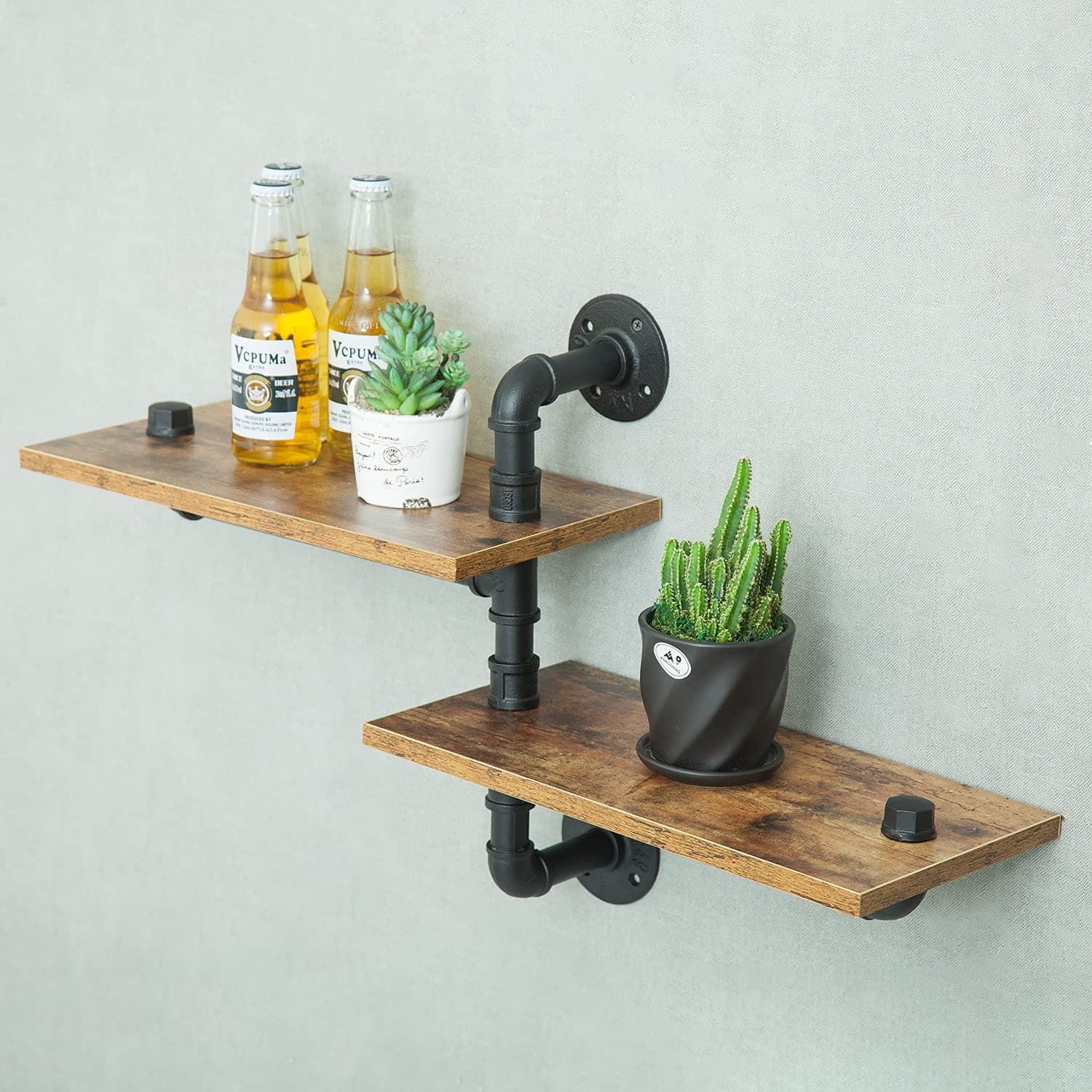 MAIKAILUN 2 Tier Industrial Shelves, Industrial Pipe Shelving, Pipe Corner Shelves with Wood Planks, Floating Shelves Wall Mounted, Retro Rustic Industrial Shelf for Bar Kitchen Living Room