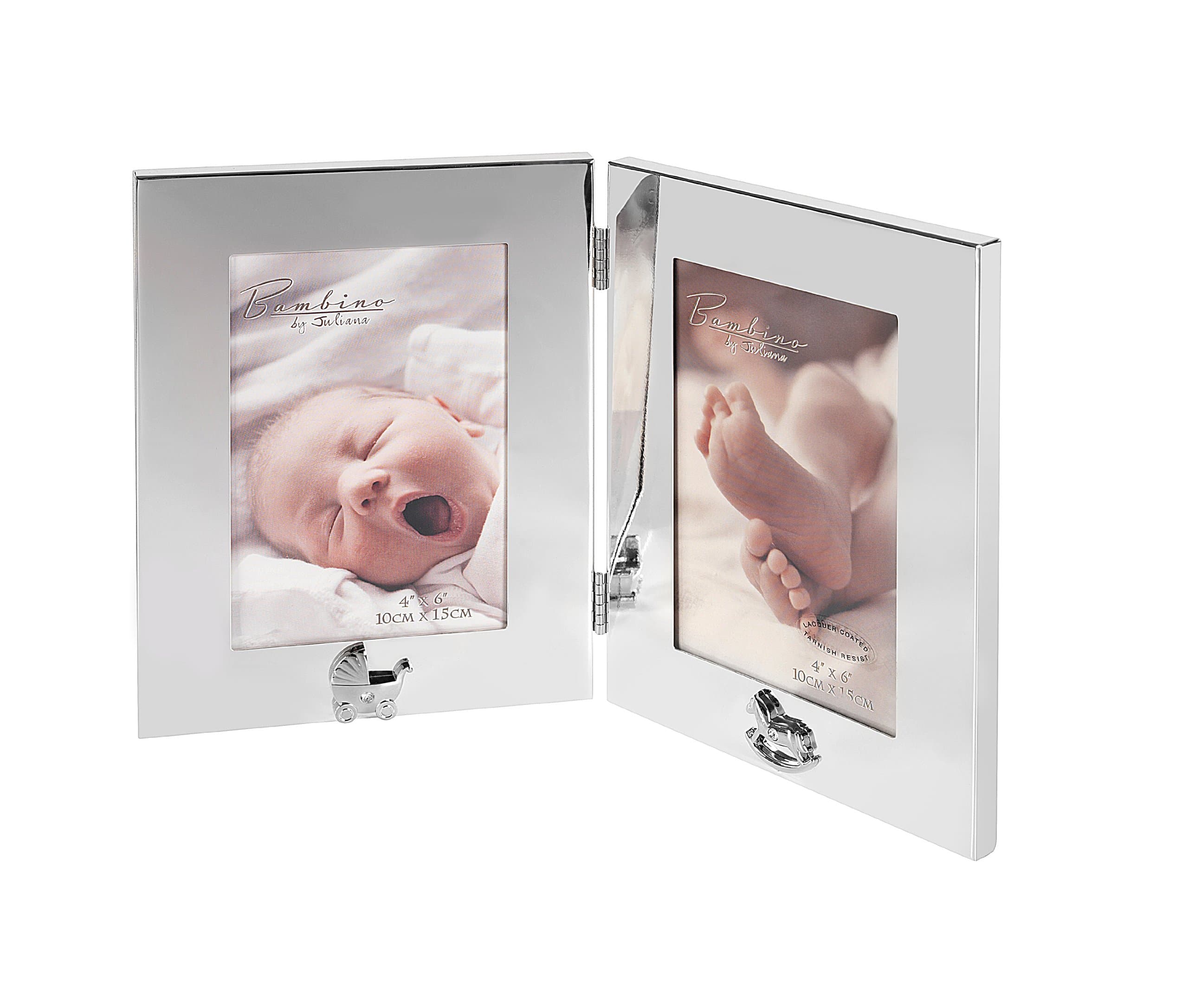 Double, Hinged Silver-plate Baby Photo Frame. Perfect to celebrate the birth of twins or a Christening