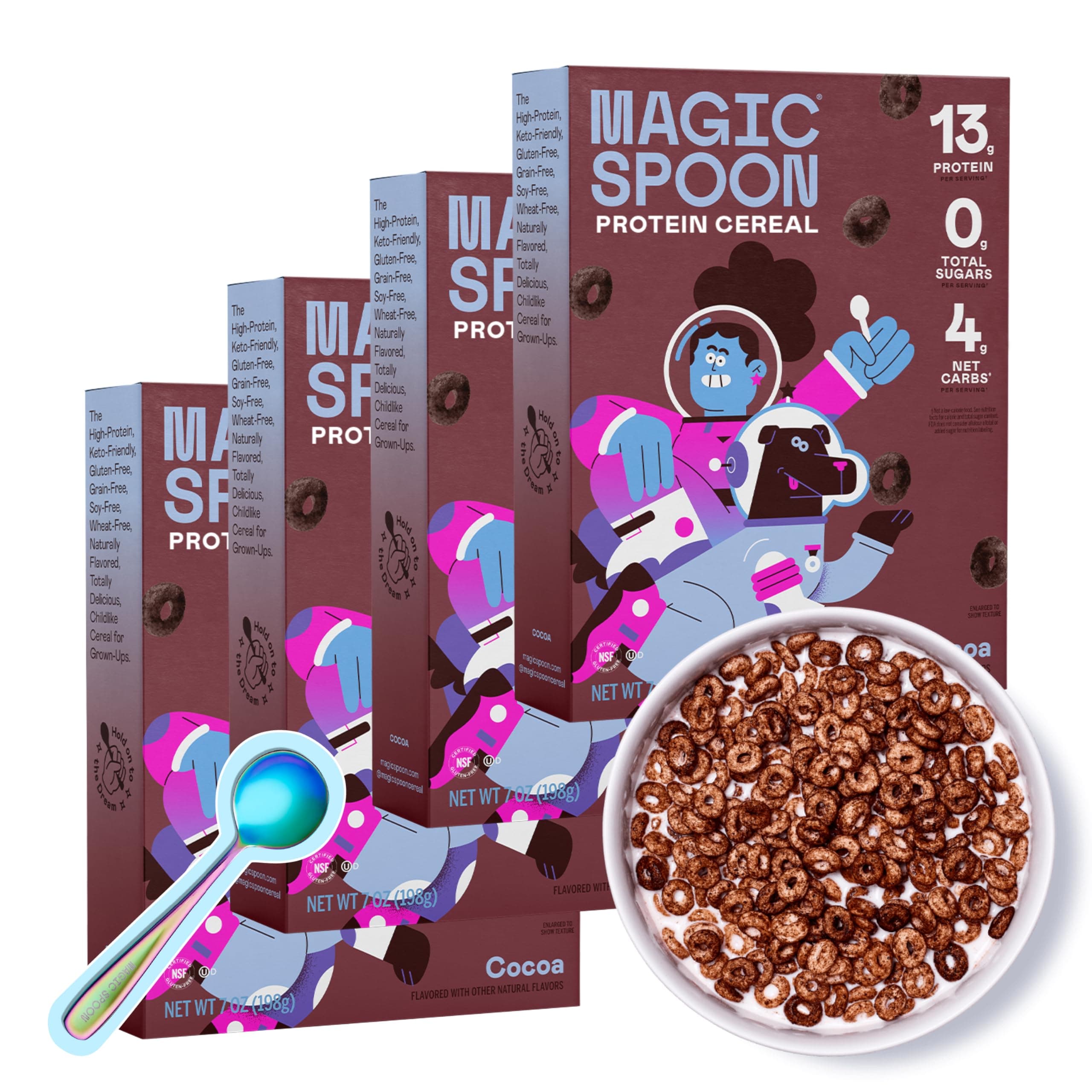 Magic Spoon High Protein Cereal with Exclusive Spoon - Sugar Free Snacks & Breakfast Food - Grain & Gluten Free Cereal - Healthy Snacks - Low Carb & Keto Friendly - 4 Pack, Cocoa