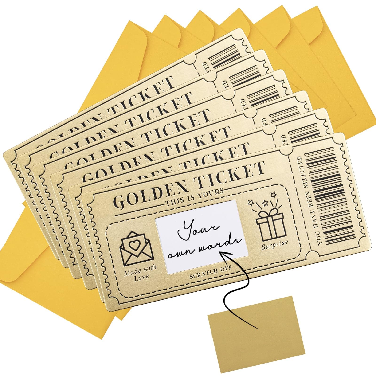 6 Pieces Golden Ticket Scratch-off Cards with Envelopes, Scratch & Reveal Surprise Ticket for Writing Your Own Special for Birthday, Girlfriends, Wives, Valentine's Day Card, Christmas Gift Card