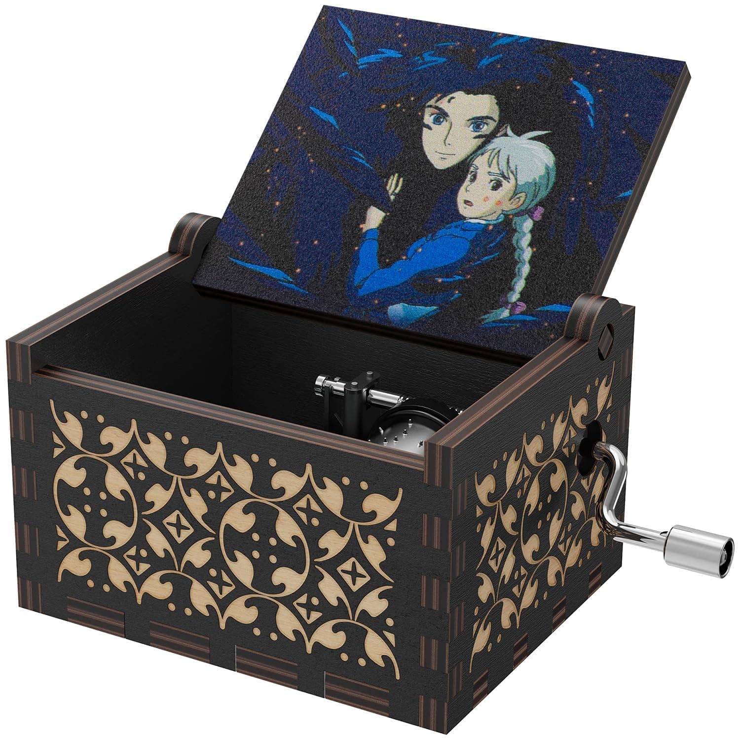 Howl's Moving Castle Wood Music Box,Anime Theme Music Merry Go Round of Life Wooden Hand Cranked Musical Boxes New Year Birthday Gift (Black)