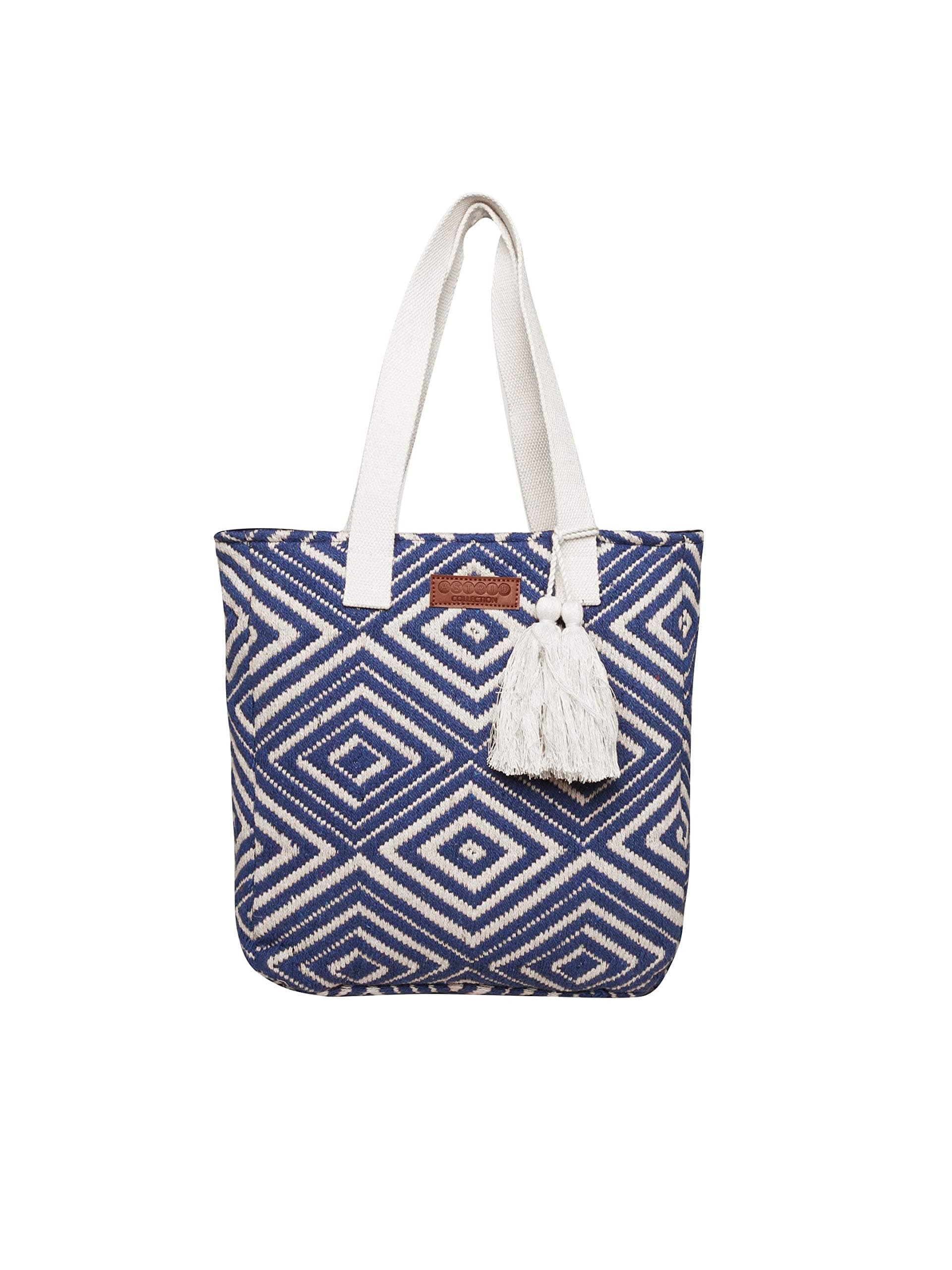 ASTRID Blue Diamond Textured Cotton Tote Bag, Blue, White, 33 cm x 33 cm x 8 cm