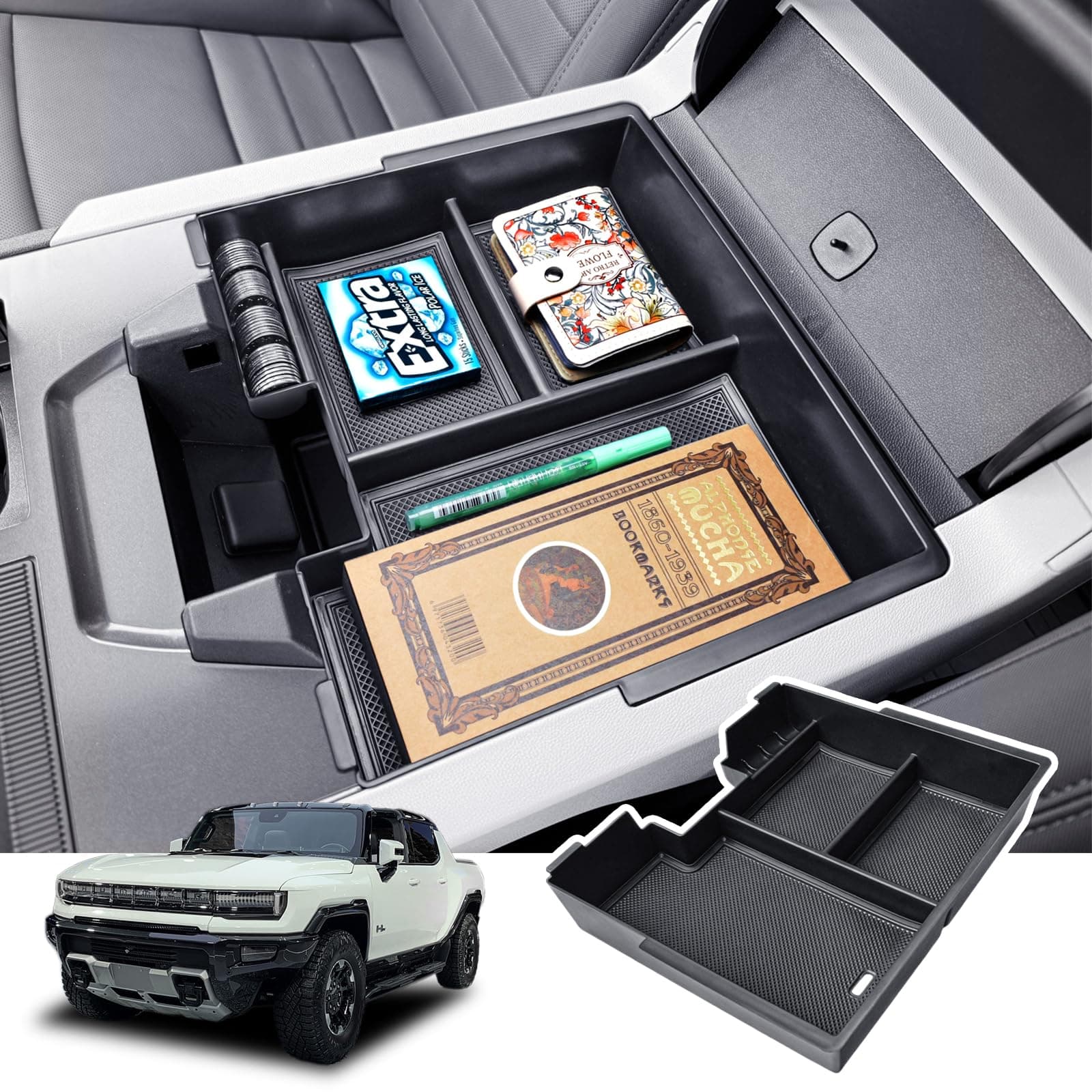 RUNROAD Center Console Organizer Tray Compatible with 2025 2024 2023 2022 GMC Hummer EV Accessories, Armrest Tray for Hummer EV Insert Middle Console Dividers Secondary Storage Box