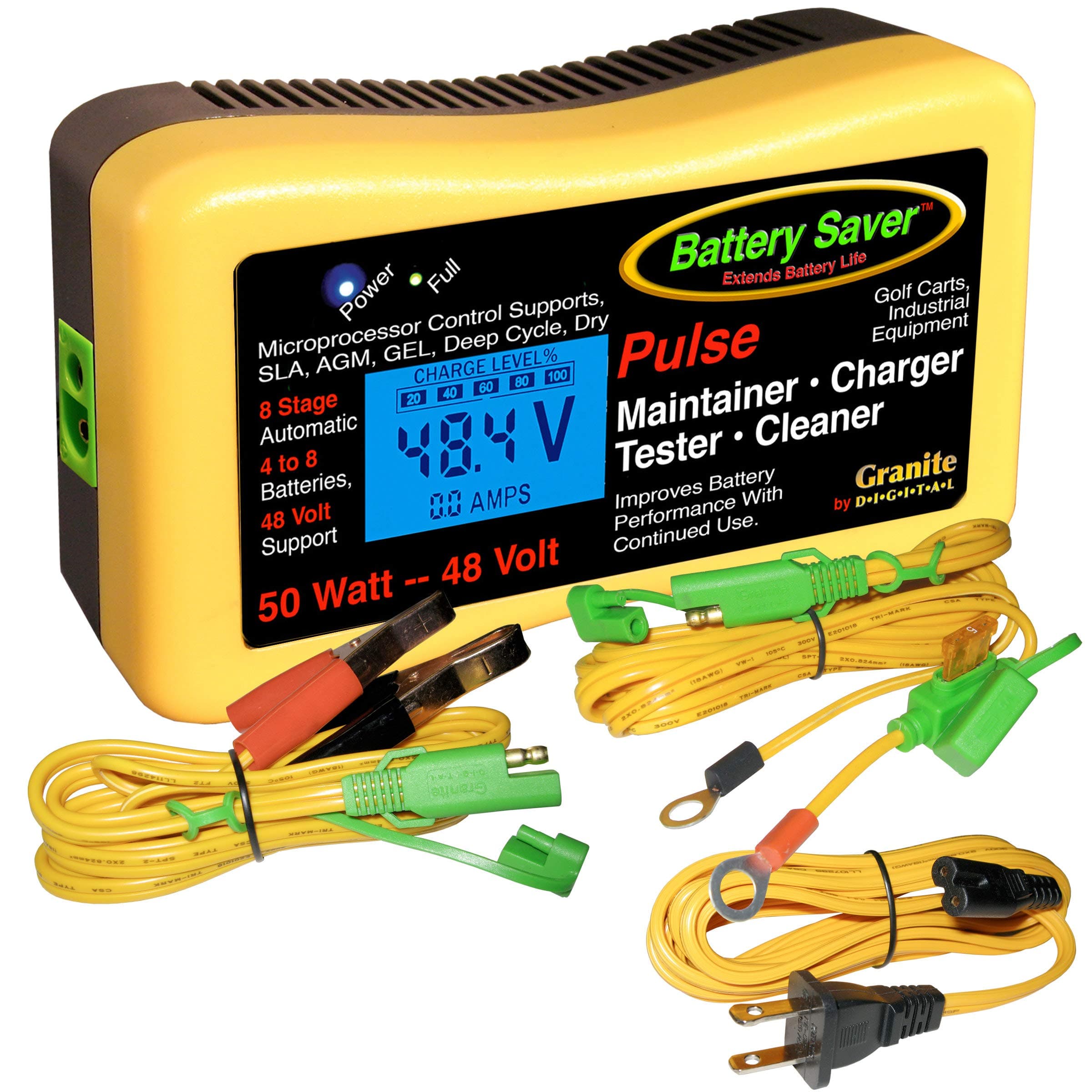 Battery SaverPremium 48 Volt 50W Pulse Charger, Maintainer & Tester (Gen. 3), Yellow, Black (2365L-48-G3)