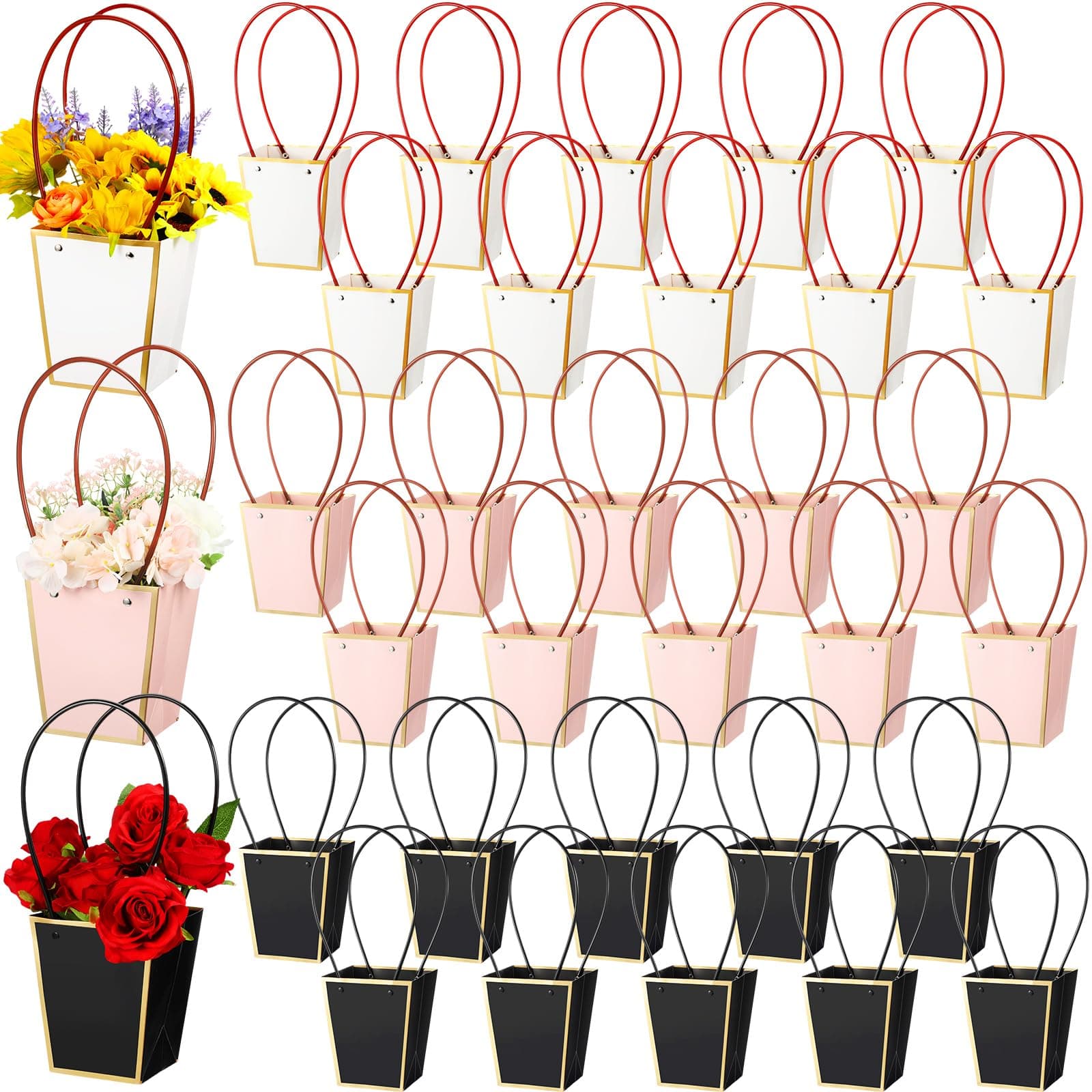 Geelin 30 Pack Flower Paper Gift Bag - Bouquet Portable Flower Handbag Waterproof Box with Handles for Arrangements - Wedding Gift Florist Bag for Valentines