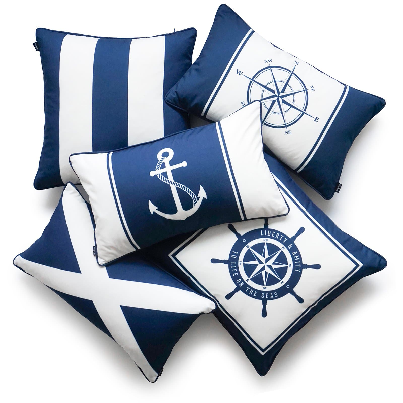 Hofdeco Decorative Cushion Cover OUTDOOR WATER RESISTANT Canvas Nautical Navy Blue Boat Wheel Flag Anchor Compass Stripes 45cm x 45cm 30cm x 50cm Set of 5