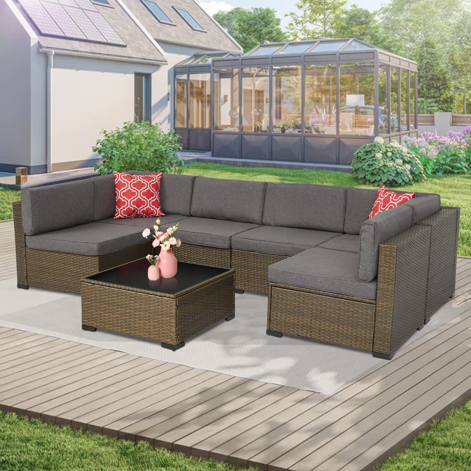 kinbor 7 Piece Patio Furniture Set - Outdoor PE Rattan Sectional Sofa, Wicker Conversation Set with Washable Cushions and Coffee Coffee Table for Porch, Poolside, Deck, Backyard (Dark Gray)