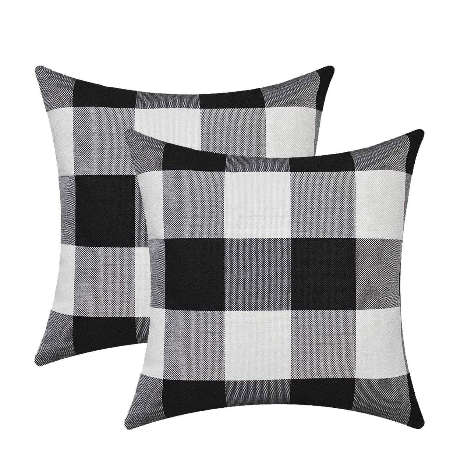 Burlap Farmhouse Decor Buffalo Checkers Plaid Cotton Linen Decorative Throw Pillow Cover Rustic Cushion Cover Pillowcase for Sofa 18 x 18 Inch, Set of 2 (Black/White, 18"×18")