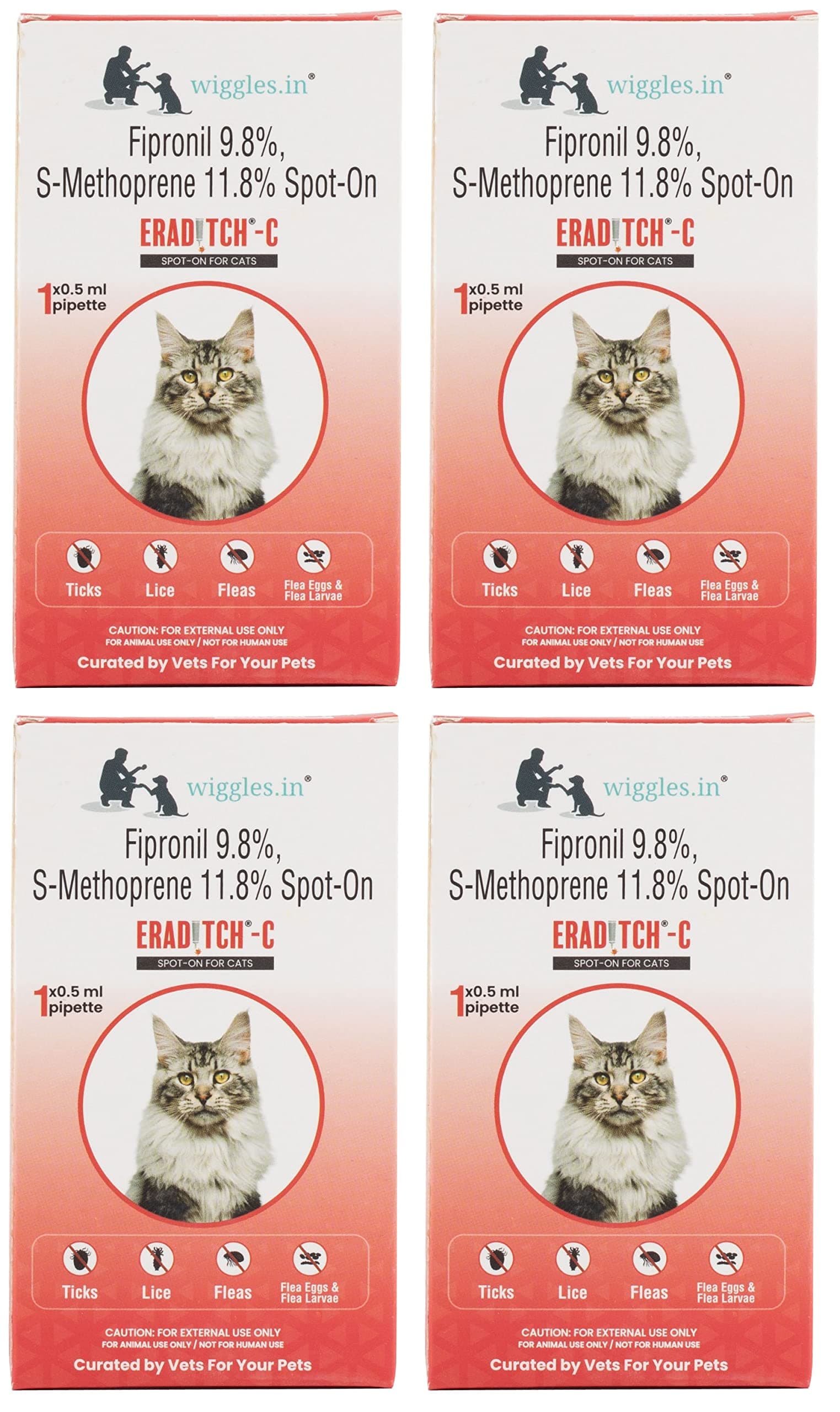 WIGGLES Eraditch Spot on for Cats Fleas Ticks Remover Treatment Drops 2ml, 4-Pack - Lice Prevention Heartworm Control Medicine Adult Medium Cats (Over 3 Months)