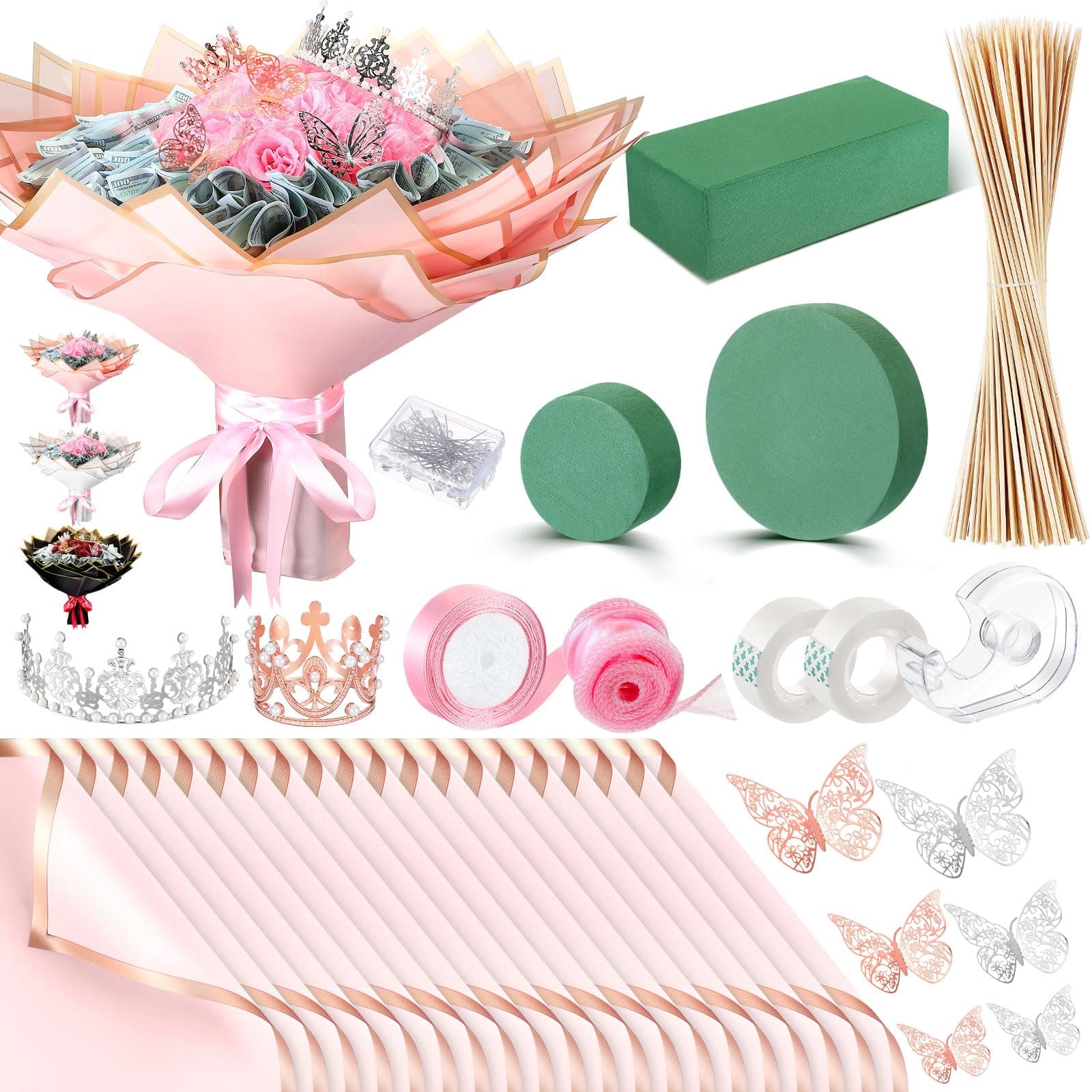 XunYee Bouquet Kit 20 Sheet Flower Wrapping Paper 100 Pcs Bamboo Skewers Floral Foam Blocks for Anniversary Birthday Gift Graduation Mother's Day(Pink)