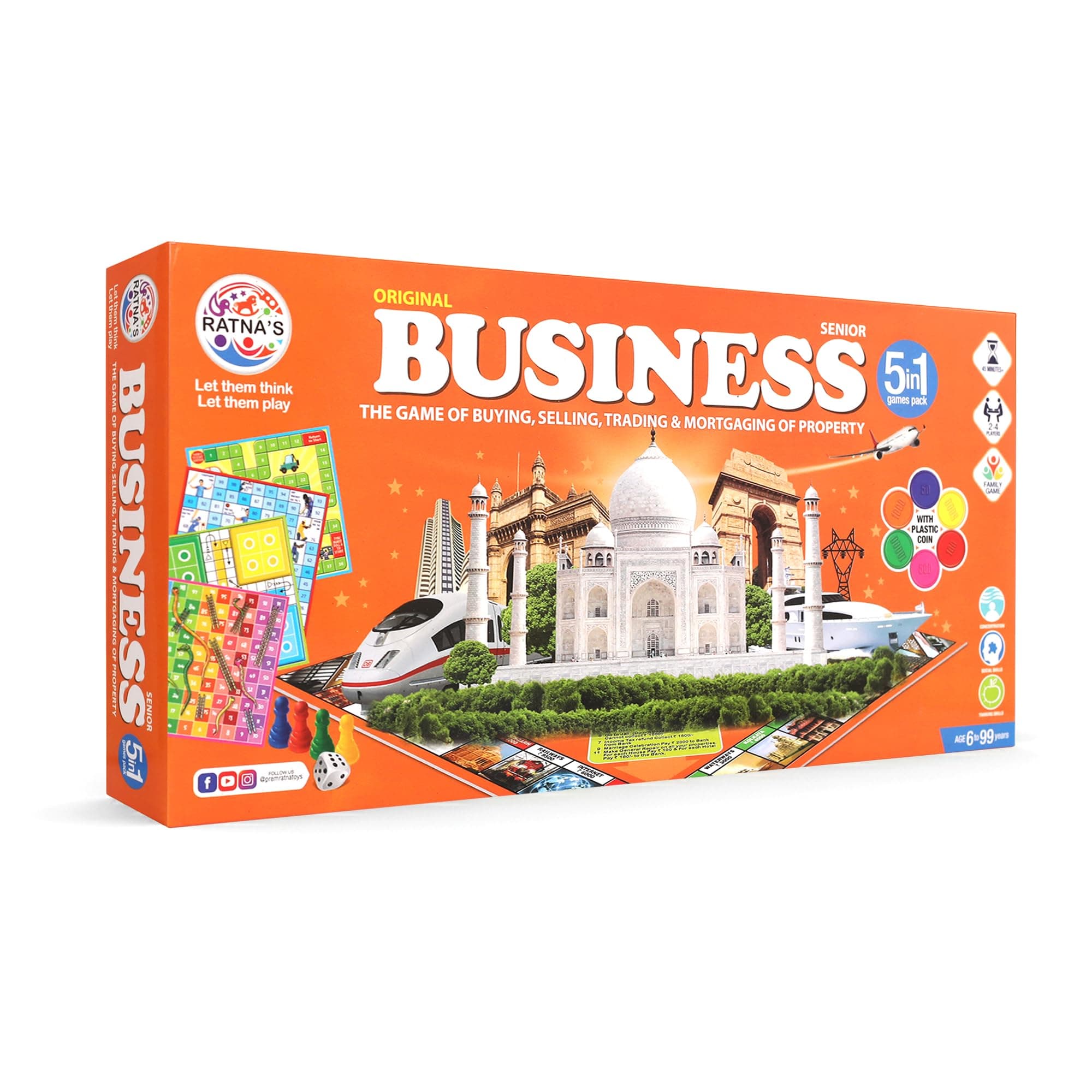 Ratna's 5 in 1 Business Senior Coin Board Game Game, 2 to 4 Players Family Game with Plastic Coins, Includes Ludo, Snakes & Ladders, Car Rally & Cricket Games, Perfect for Kids & Adults Play
