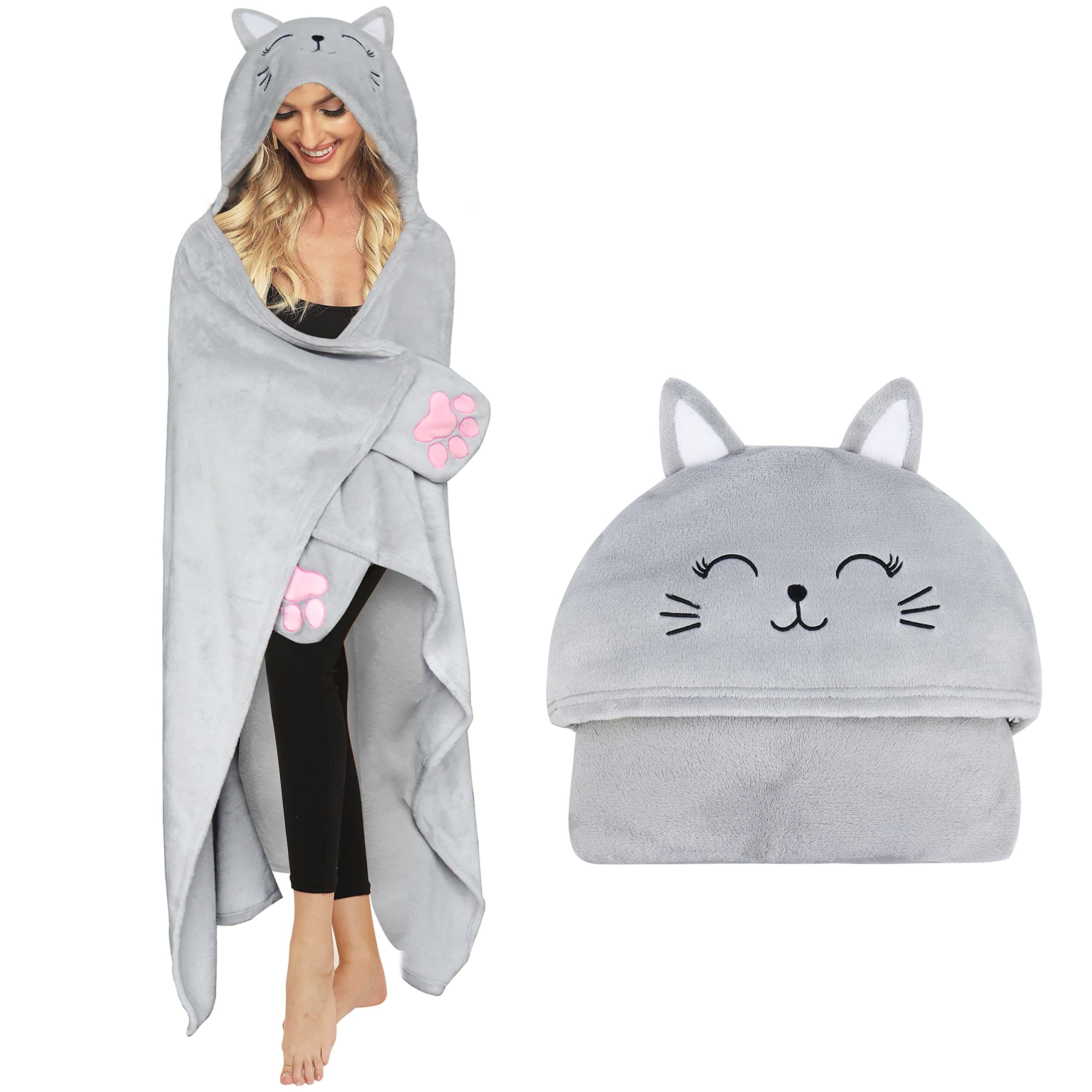 Moyel Cat Blanket Hooded Cat Gifts for Lovers - Funny Cute Wearable Blanket Hoodie for Mom, Girlfriend, Wife, Friend, Sister - Perfect for Christmas