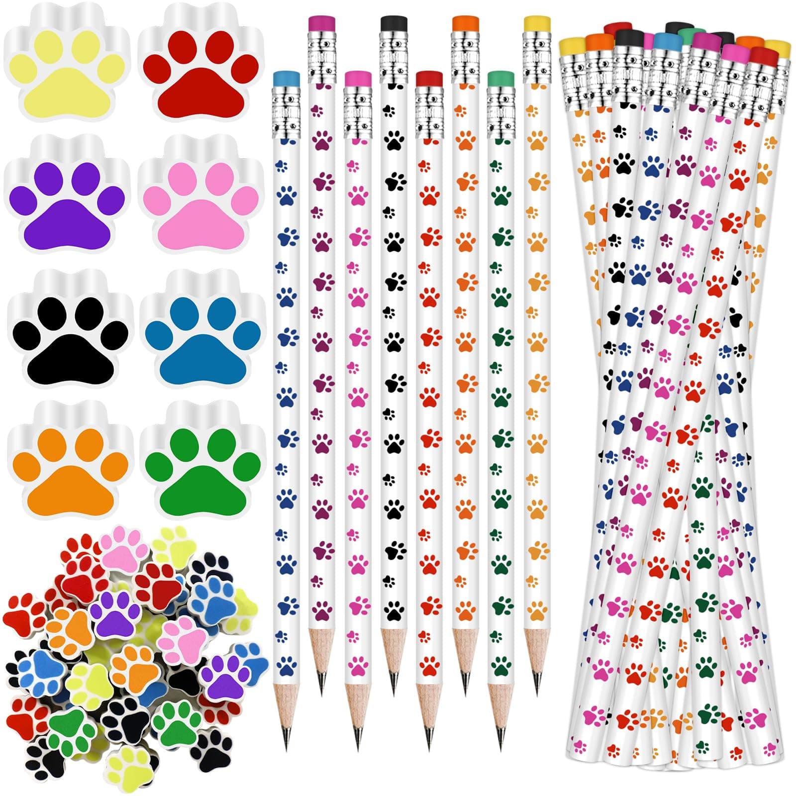 48 Pcs Paw Print Pencil Eraser Sets Colorful Wooden Pencils with Paw Eraser for Kids Dog Themed Birthday Party Favors Welcome Back to School Favors Office Supplies