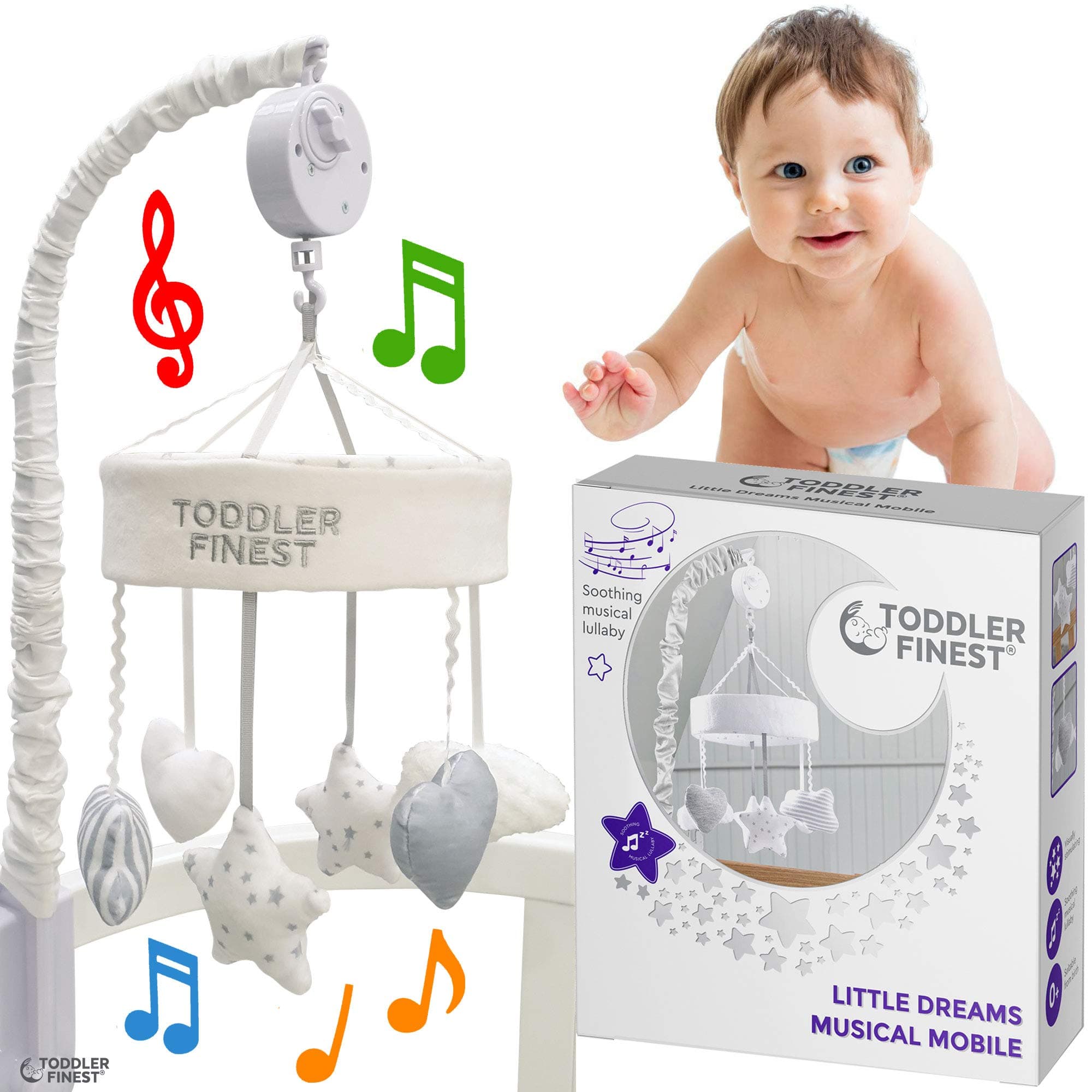 Baby Musical Crib Mobile - Hanging Rotating Handmade Plush, Soft Cotton Crib Arm, Wind-up Music Box Brahms Lullaby - Bassinet Cot Bed Decoration Nursery Decor - for Newborn Infant Toddler Boy Girl