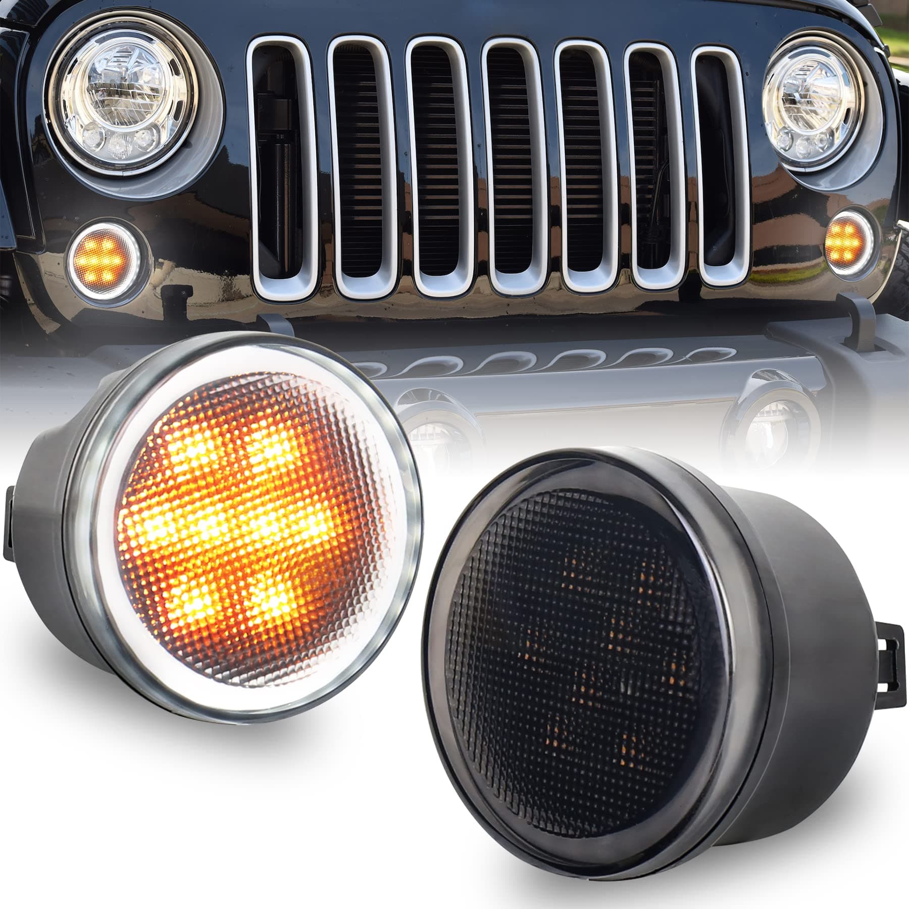 OVOTOR JK Turn Signal Lights White DRL Amber LED Front Grill Signal Parking Lights Smoke Lens Replace 2007-2017 Jeep Wrangler JK JKU