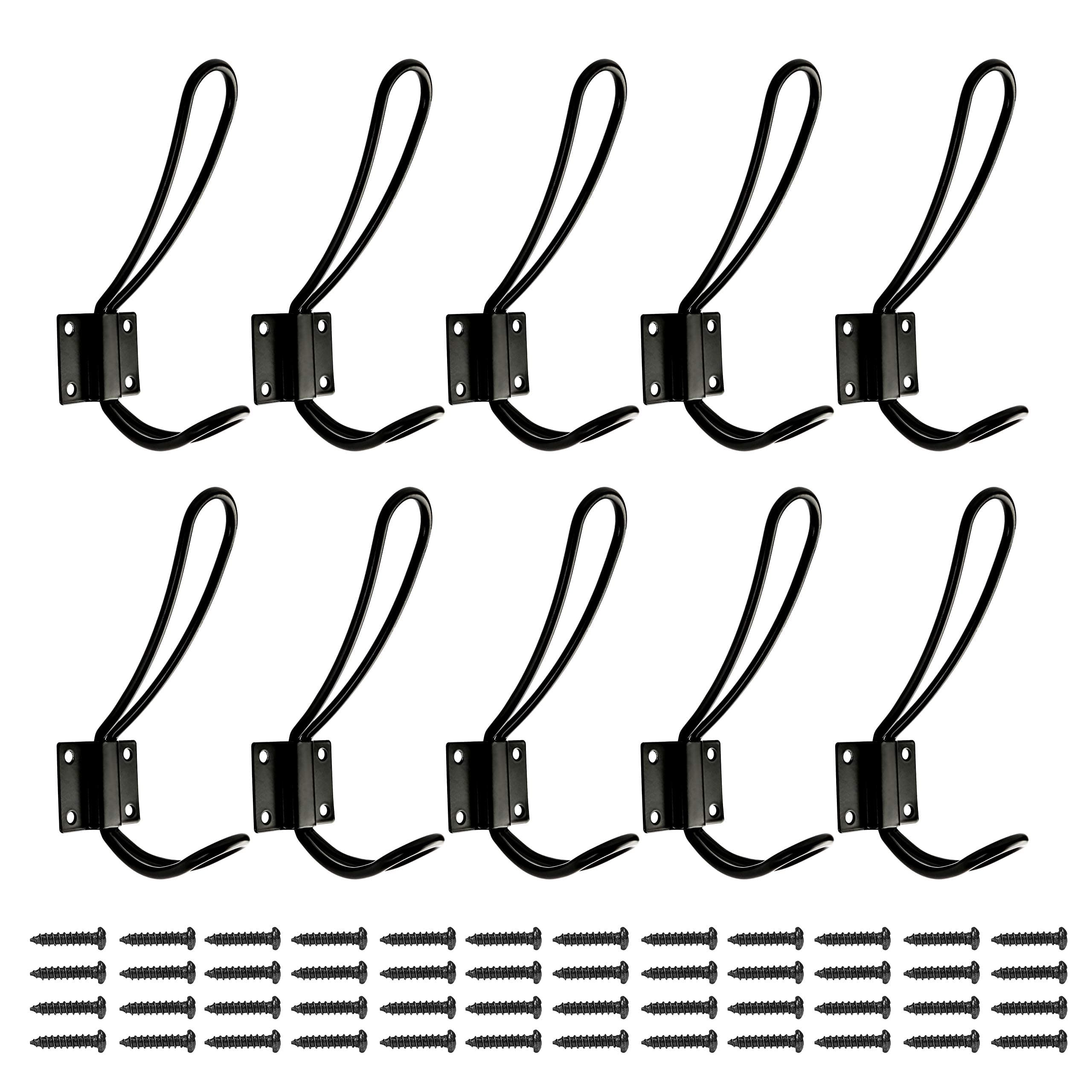 Rustic Entryway Hooks | 10 Pack of Black Wall Mounted Vintage Double Coat Hangers with Large Metal Screws Included
