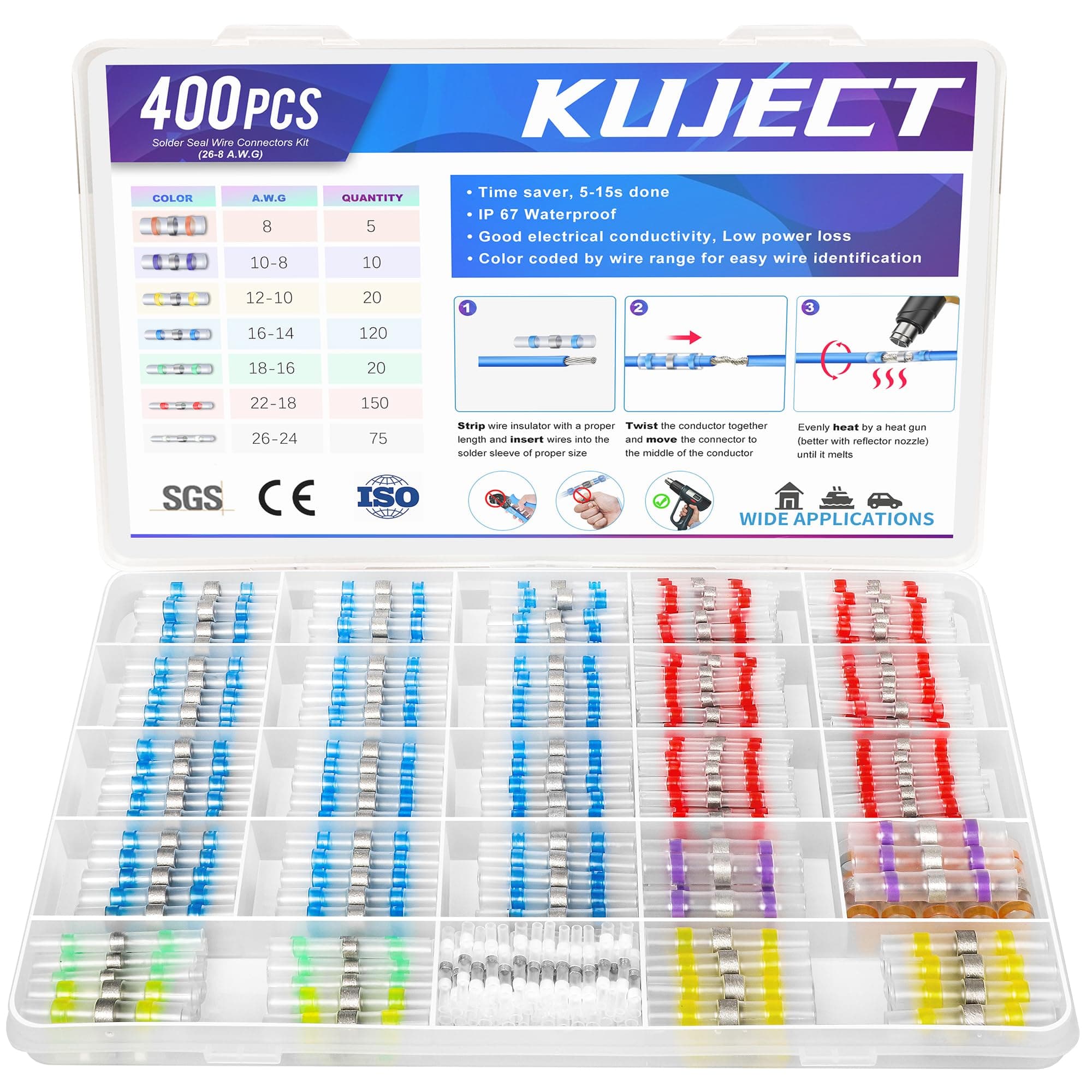 Kuject 400PCS Solder Seal Wire Connectors, 26-8 AWG Self-Solder Heat Shrink Butt Connector Solder Waterproof Insulated Electrical Butt Splice Wire Terminals for Automotive Boat Truck