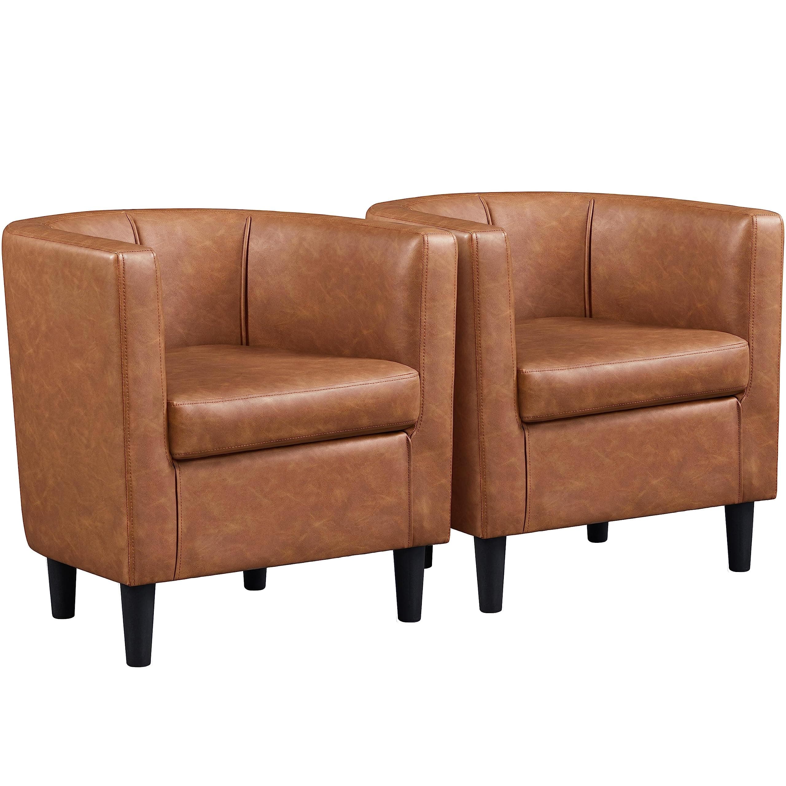 Yaheetech Accent Chair, PU Leather, Modern and Comfortable Armchairs, Upholstered Barrel Sofa Chair for Living Room Bedroom Waiting Room, 2PCS, Brown