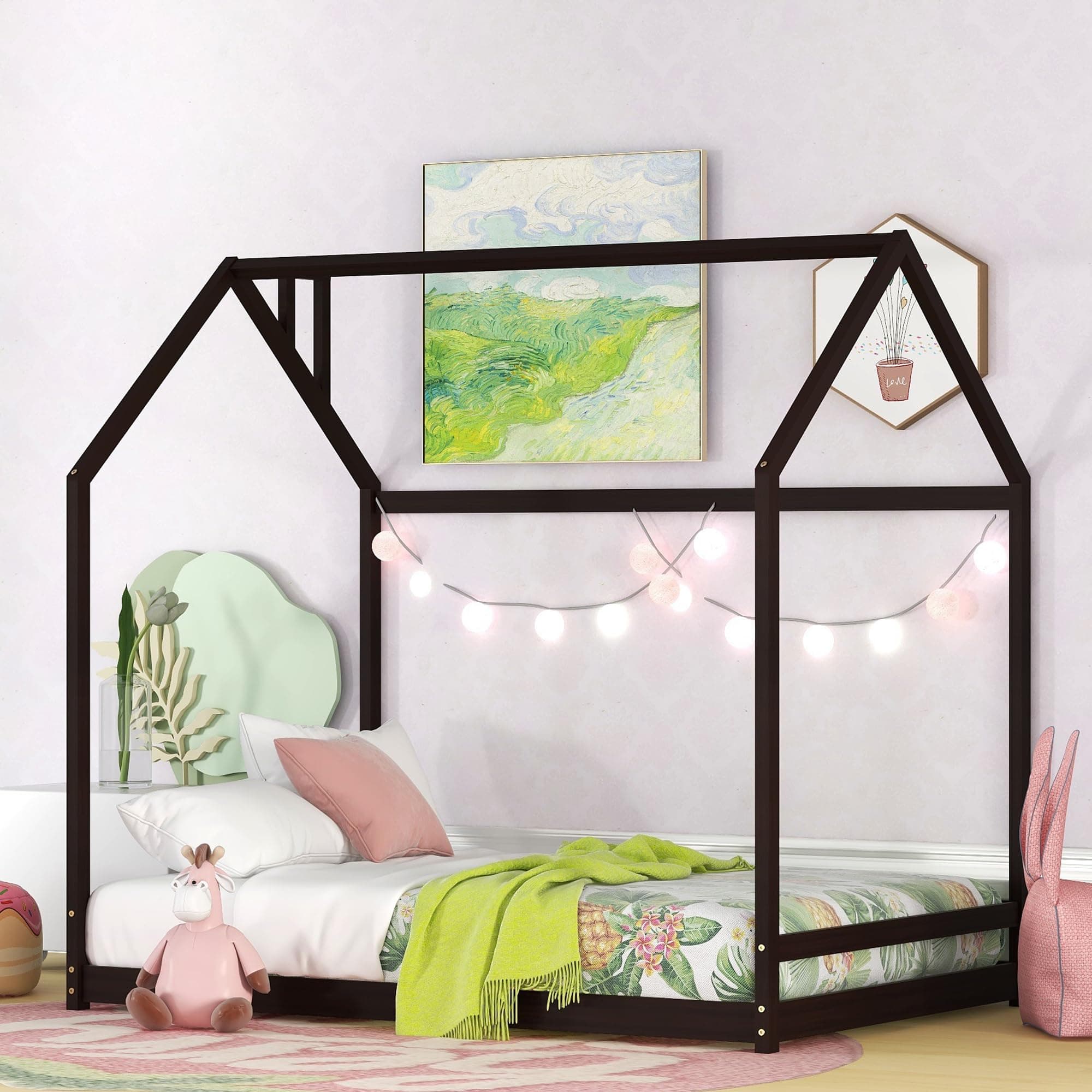 BellemaveKids Montessori Floor Bed,Full Size House Bed with Fence,Wooden Floor Bed for Kids,Full Bed Frame for Girls,Boys(Full,Espresso)