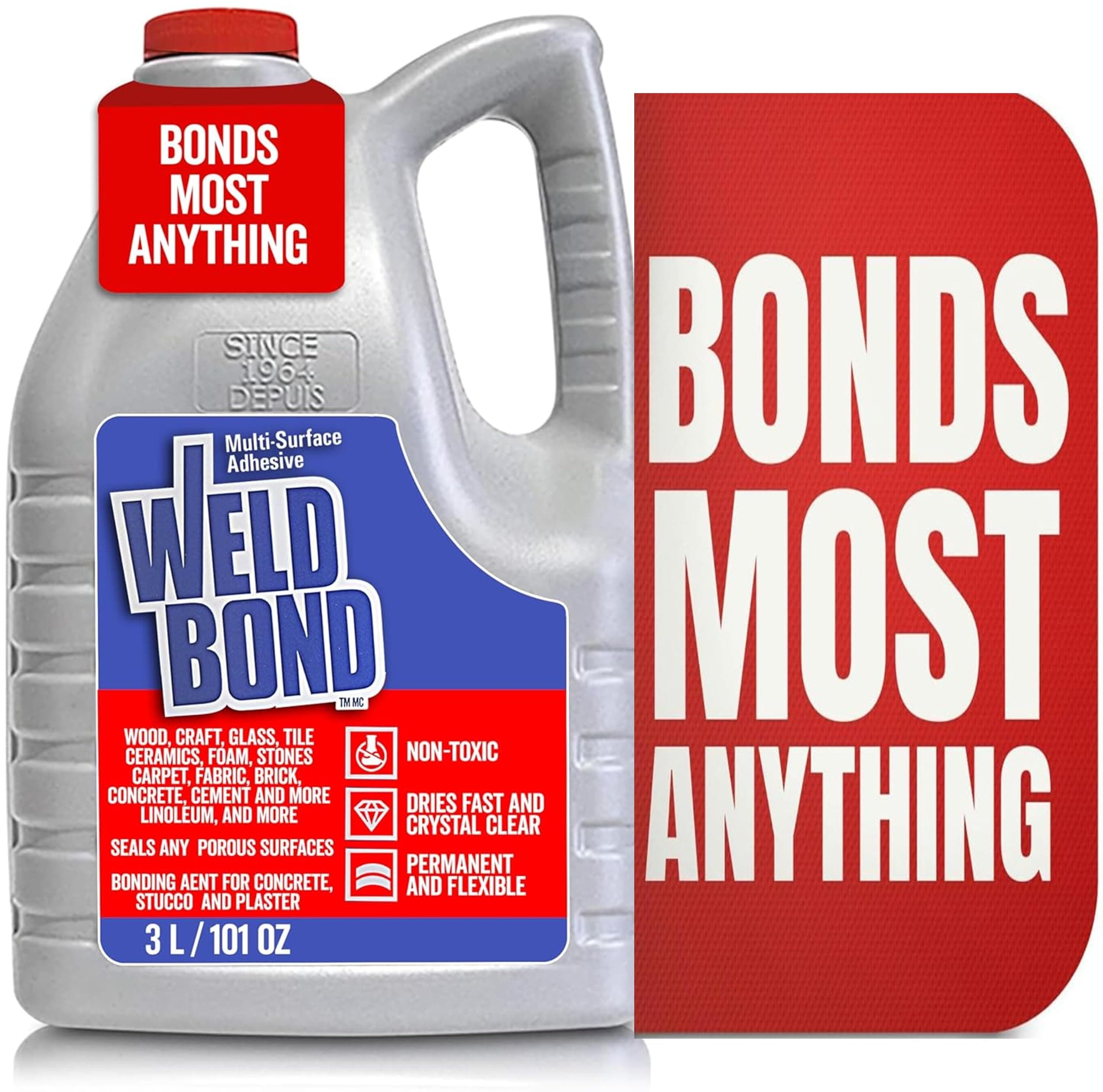 - Weldbond Glue - Bonds Most Anything! 3L /101 oz Non-Toxic Adhesive Glue For Wood Tile Glass Craft Foam Fabric Stone Cement & Concrete & Any Other Porous Surfaces. No Fume Non-Flammable PVA Glue Gallon