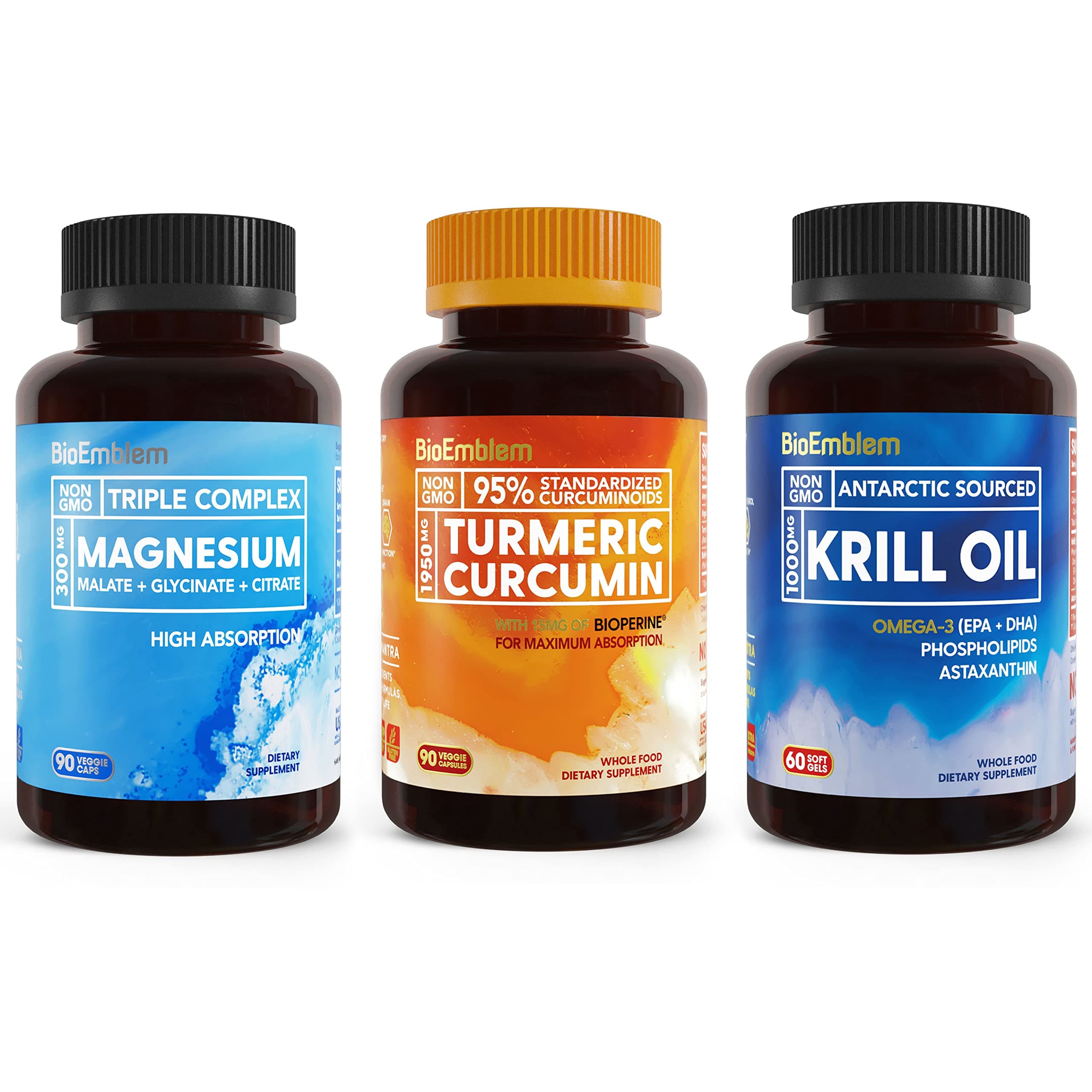 Triple Magnesium Complex, BioEmblem Turmeric Curcumin Supplement and BioPerine and BioEmblem Antarctic Krill Oil Supplement