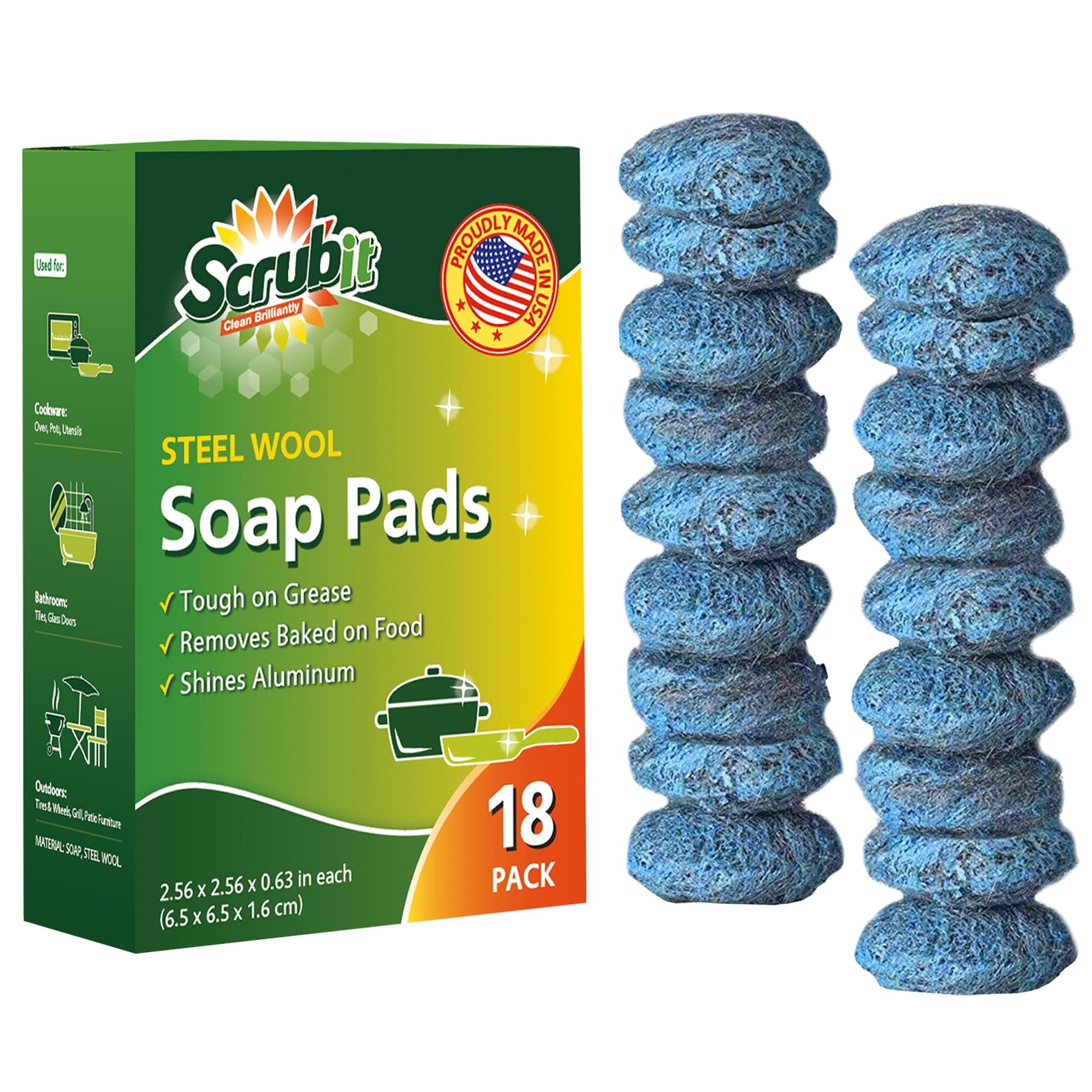 18 Pack Steel Wool Soap Pads by SCRUBIT - Metal Scouring Cooktop Cleaning Pads Used for Dishes, Pots, Pans, and Ovens - Pre-Soaped for Easy Cleaning of Tough Kitchen Grease and Oil