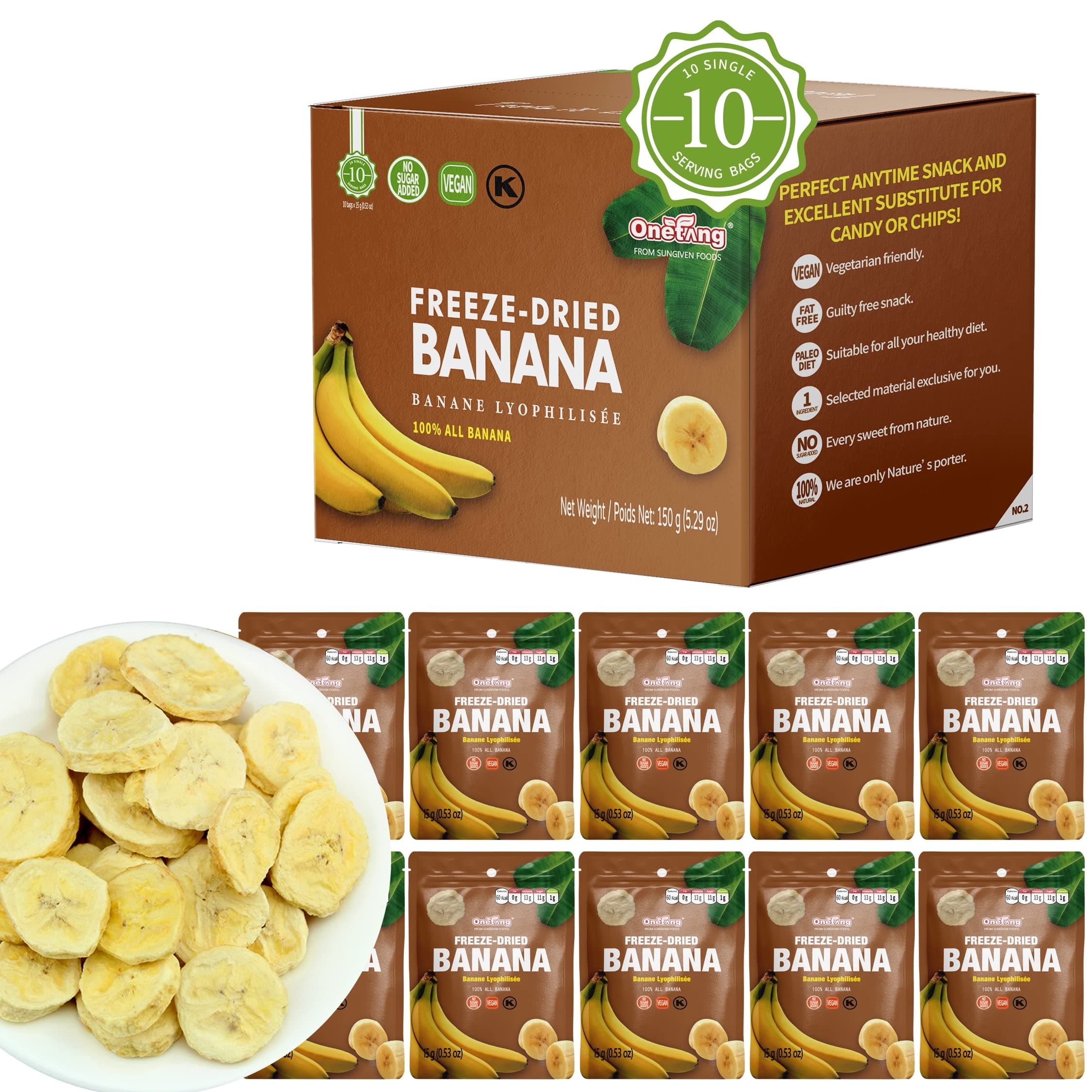 Freeze-Dried Fruit Banana Chips, 10 Pack Single-Serve Pack, Non GMO, Kosher, No Add Sugar, Gluten free, Vegan, Healthy Snack 0.52 Ounce