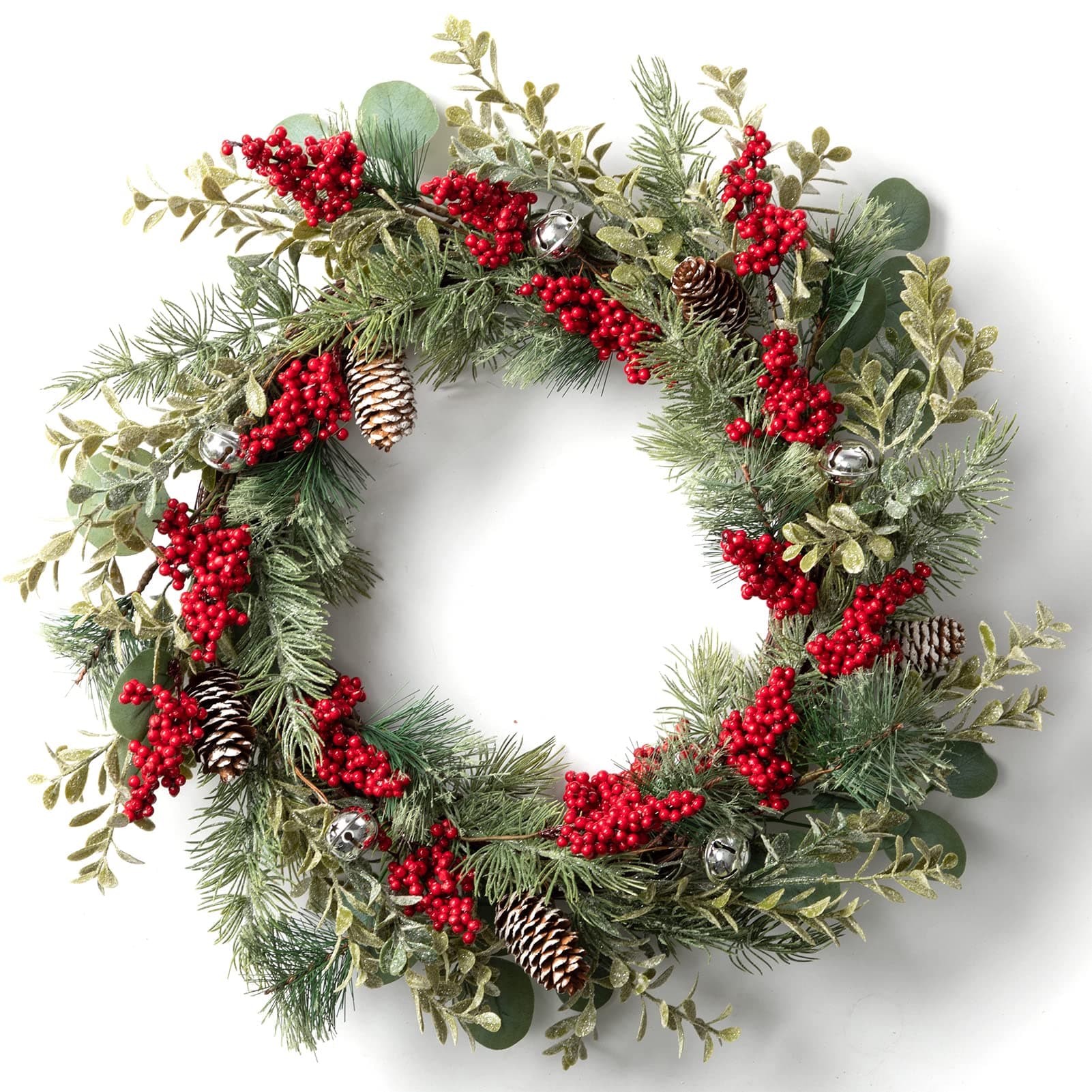 LOHASBEE Artificial Christmas Wreath, 22" Pine Cone Grapevine Glitter Wreath with Bells, Red Berries Eucalyptus Boxwood for Front Door Winter Greenery Home Hanging Wall Party Decor