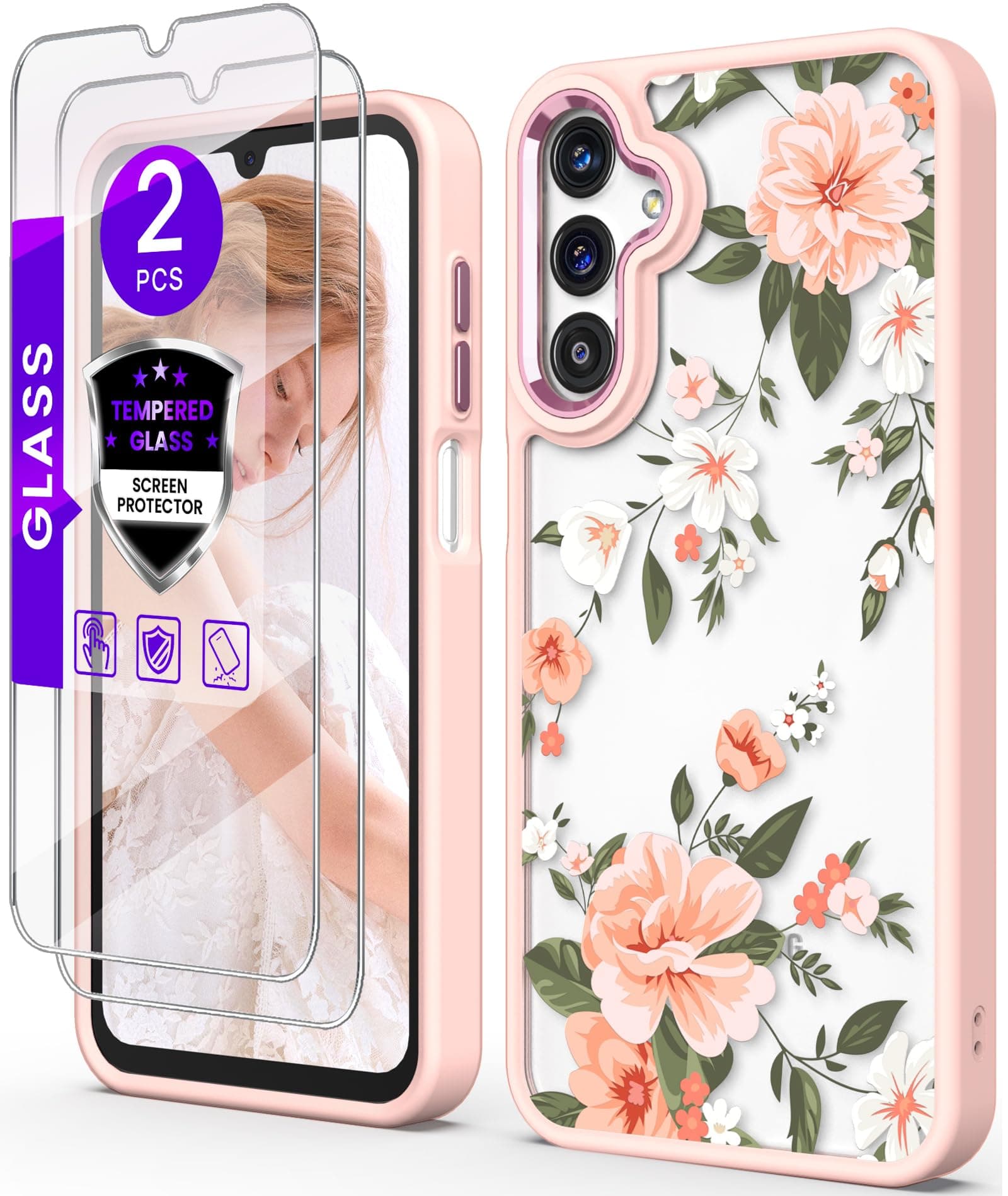 DagoRoo for Samsung A15 5G Case with Tempered Glass Screen Protector, Galaxy A15 5G[Military Grade Protective] Slim Soft TPU & Hard PC, Girls Women Crystal Clear Flower Pattern Cases-Pink Flower
