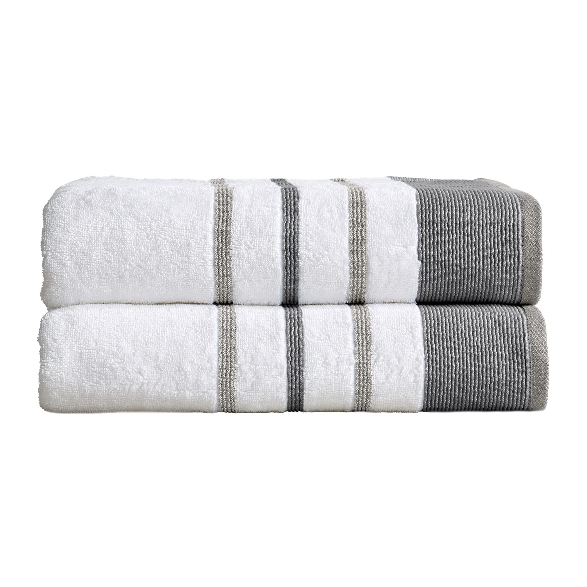 Cotton, Striped Bath Towel Set (30 x 54 inches) Oversized and Absorbent Luxury Quick-Dry Towels. Noelle Collection (Set of 2, Dark Grey/Light Grey)