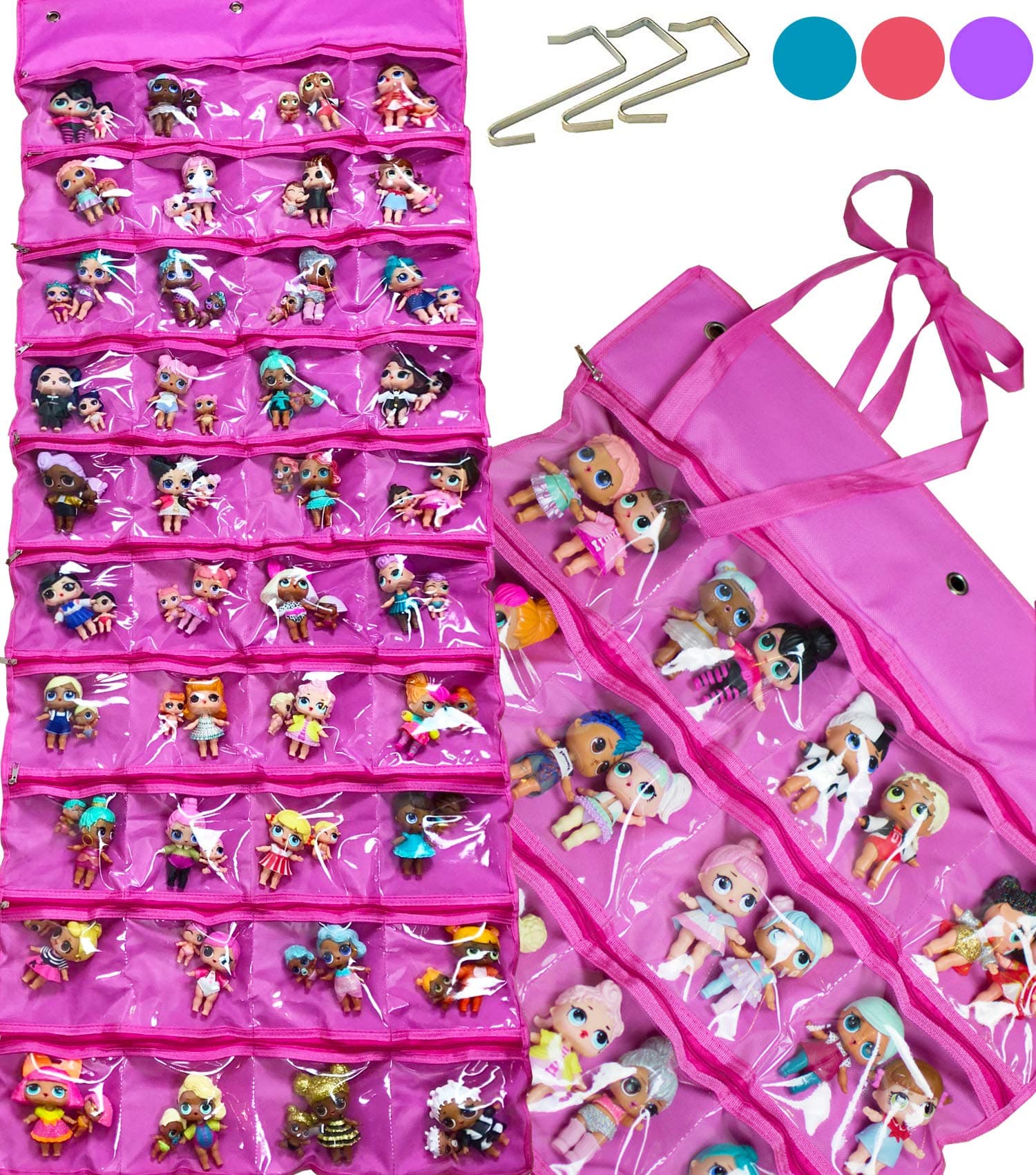HOME4 LOL Toys Hanging Over The Door Storage Organizer Carrying Travel, 40 Clear View Pockets, Roll Up, for Small Dolls, Cars, Jewelry, Hair Accessories, Arts & Crafts, Bead, Sewing and More (Pink)