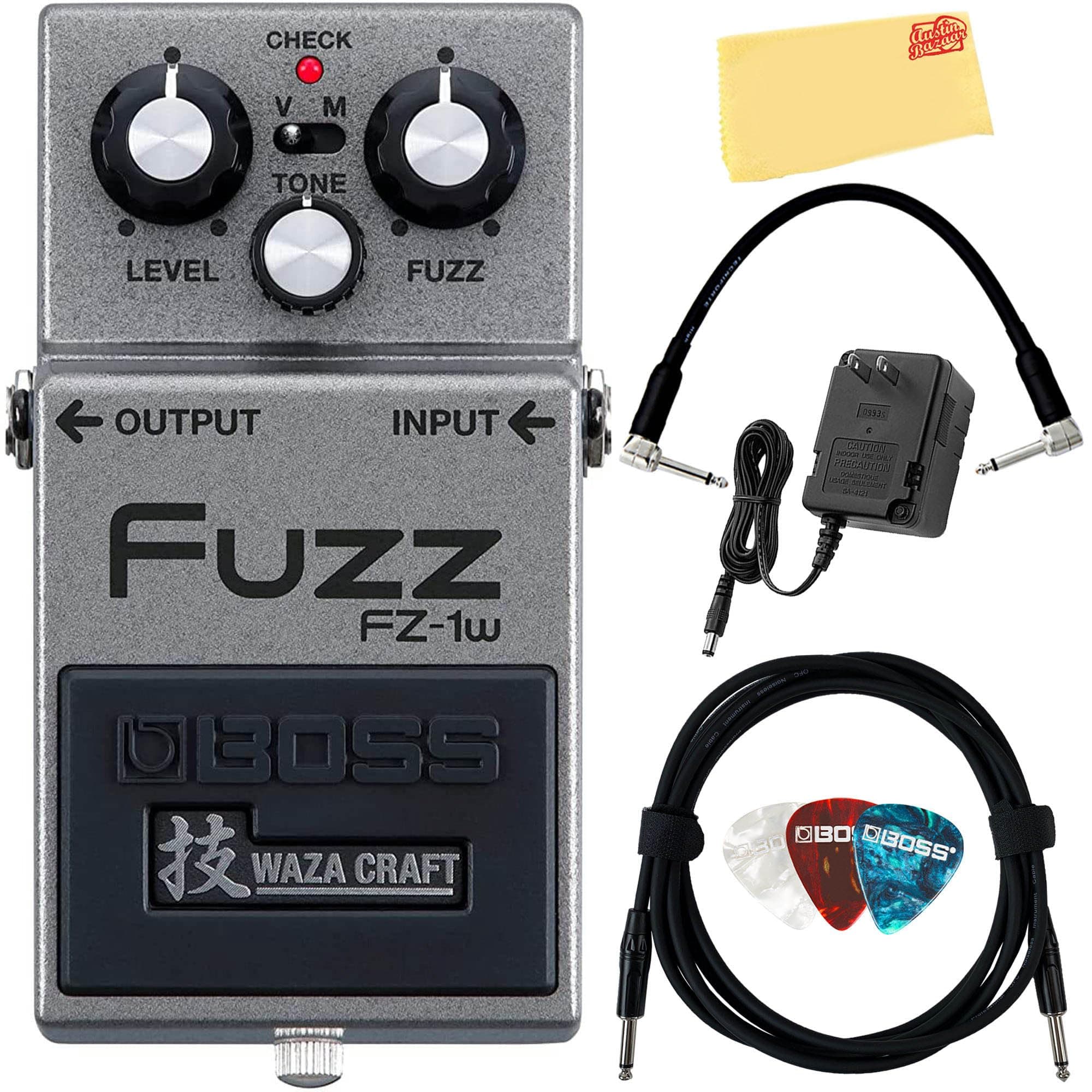 Boss FZ-1W Waza Craft Fuzz Bundle with Gearlux Power Supply, Instrument Cable, Patch Cable, Picks, and Austin Bazaar Polishing Cloth